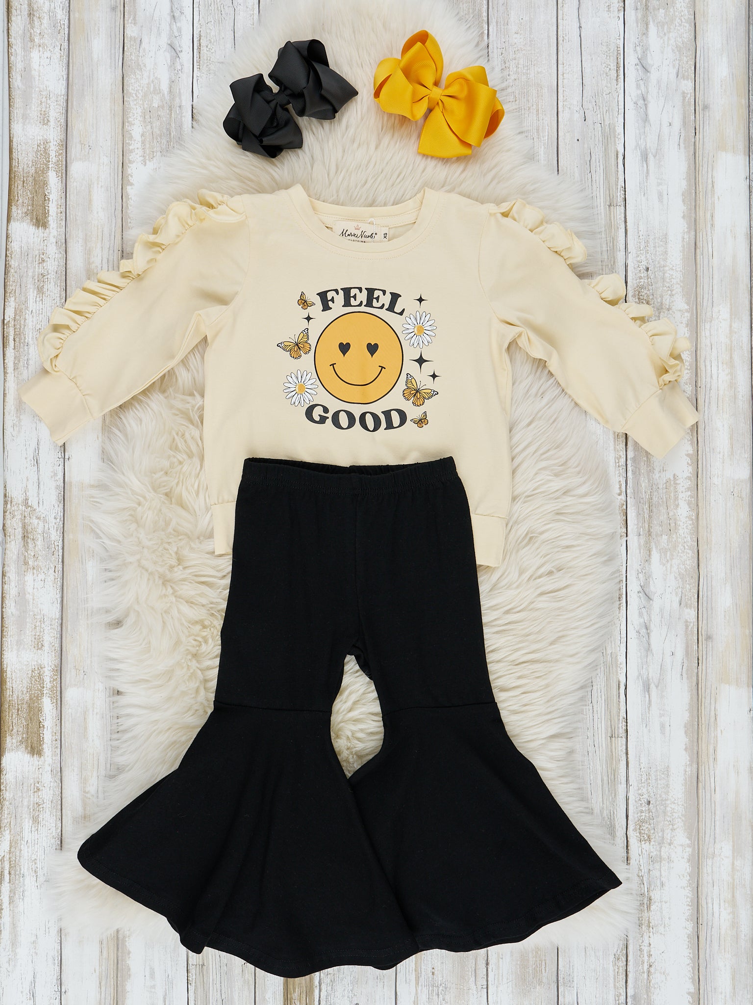 Yellow & Black "Feel Good" Bell Bottom Outfit - Marie Nicole Clothing