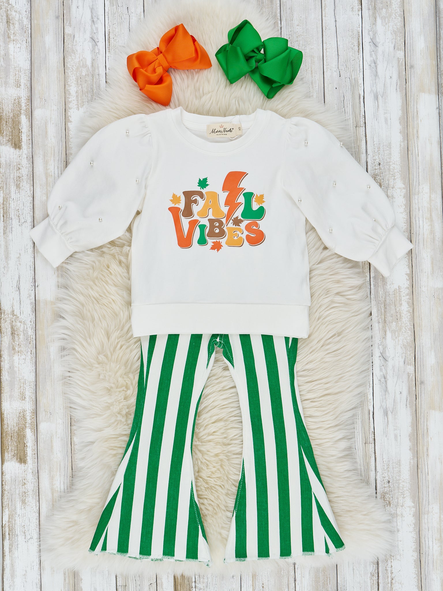 Green & White "Fall Vibes" Bell Bottom Outfit - Marie Nicole Clothing