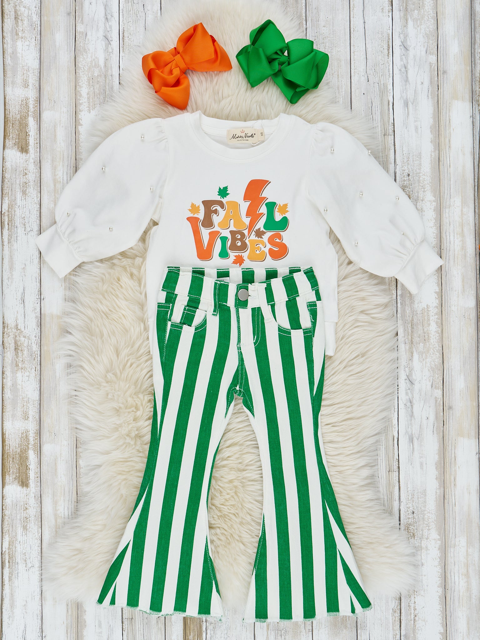 Green & White "Fall Vibes" Bell Bottom Outfit - Marie Nicole Clothing