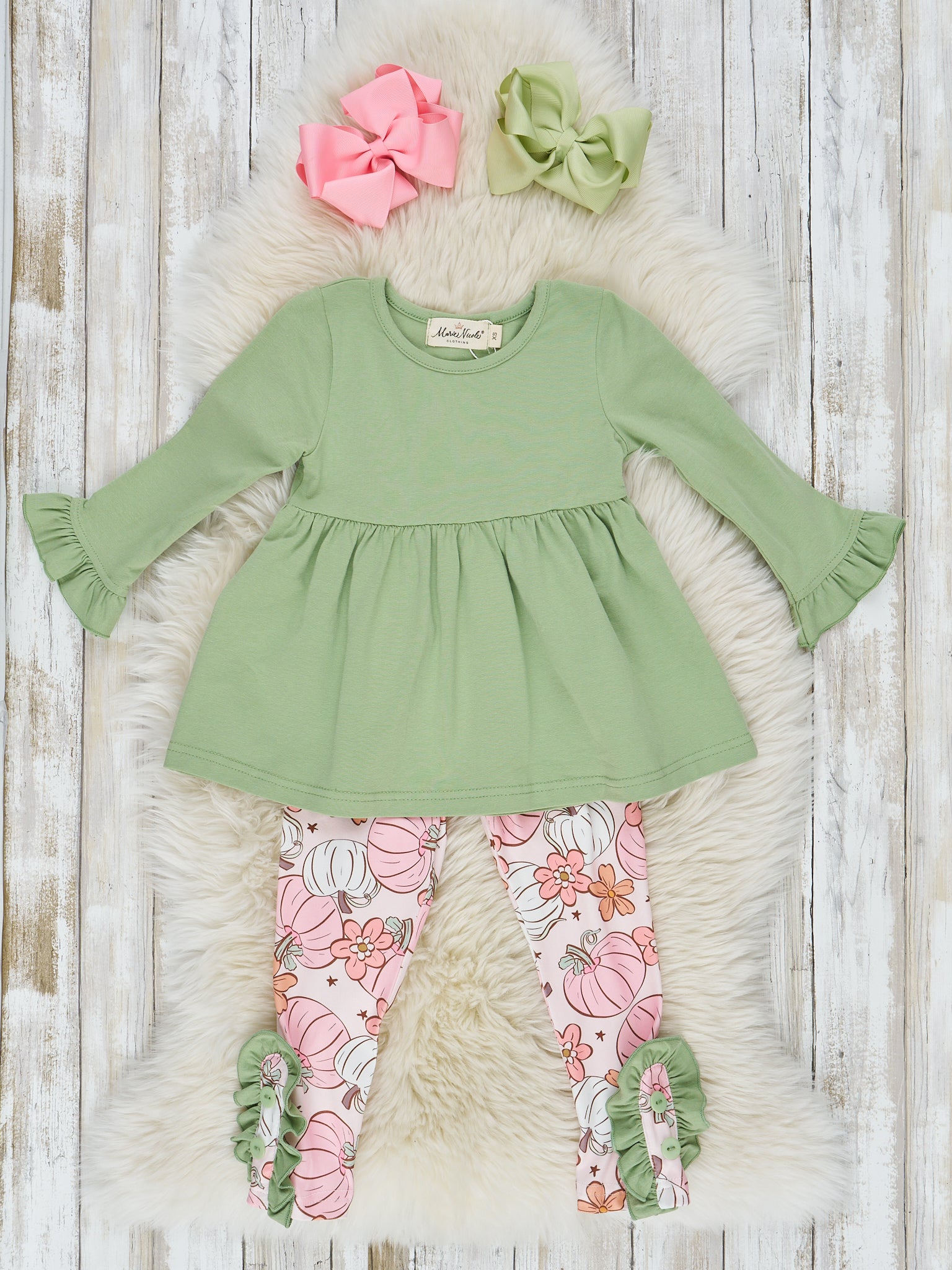 Pink & Green Doodle Pumpkin Garden Ruffle Outfit - Marie Nicole Clothing