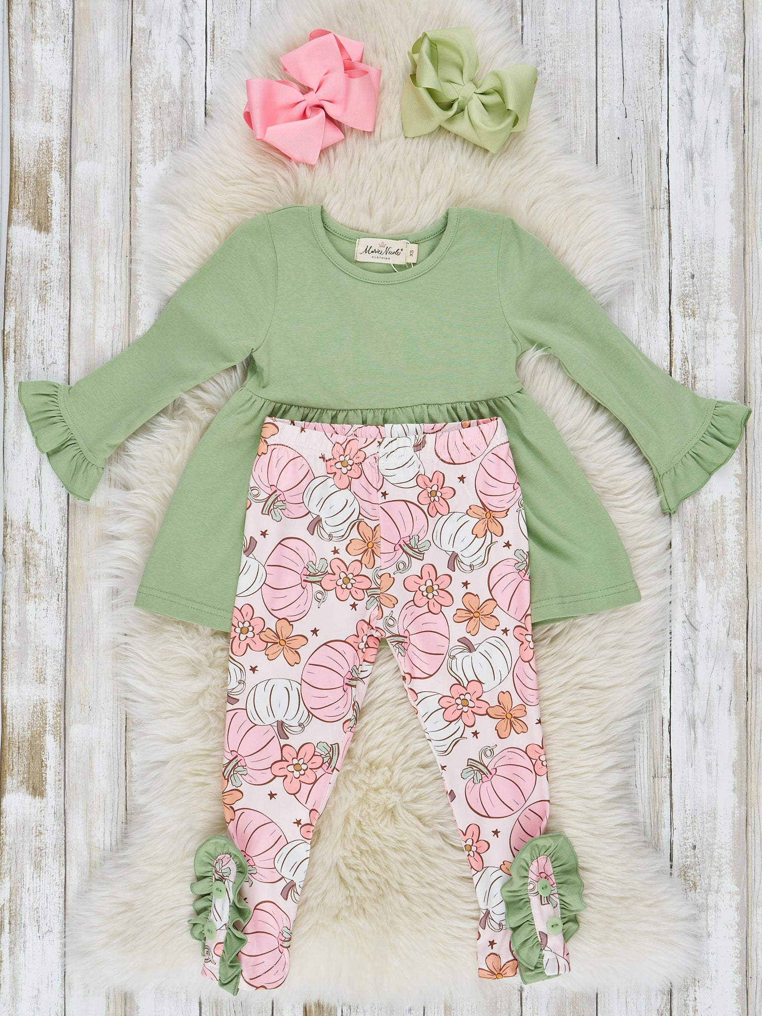 Pink & Green Doodle Pumpkin Garden Ruffle Outfit - Marie Nicole Clothing