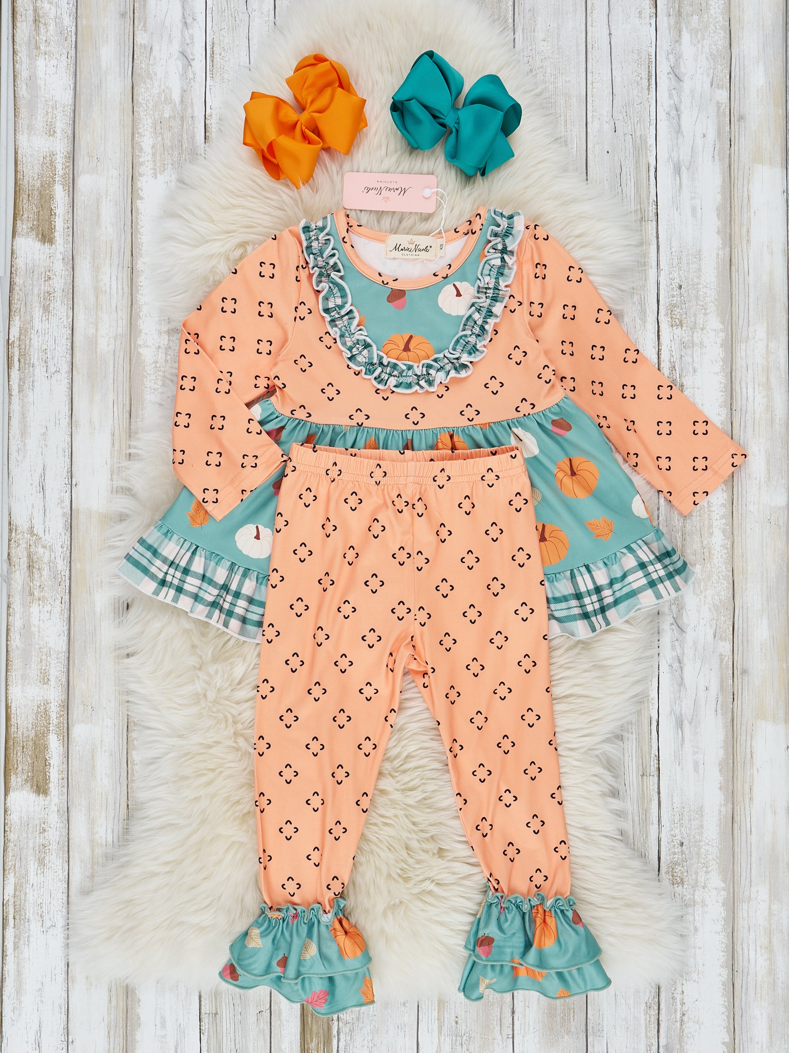 Orange & Teal Pumpkin Pattern Ruffle Outfit - Marie Nicole Clothing