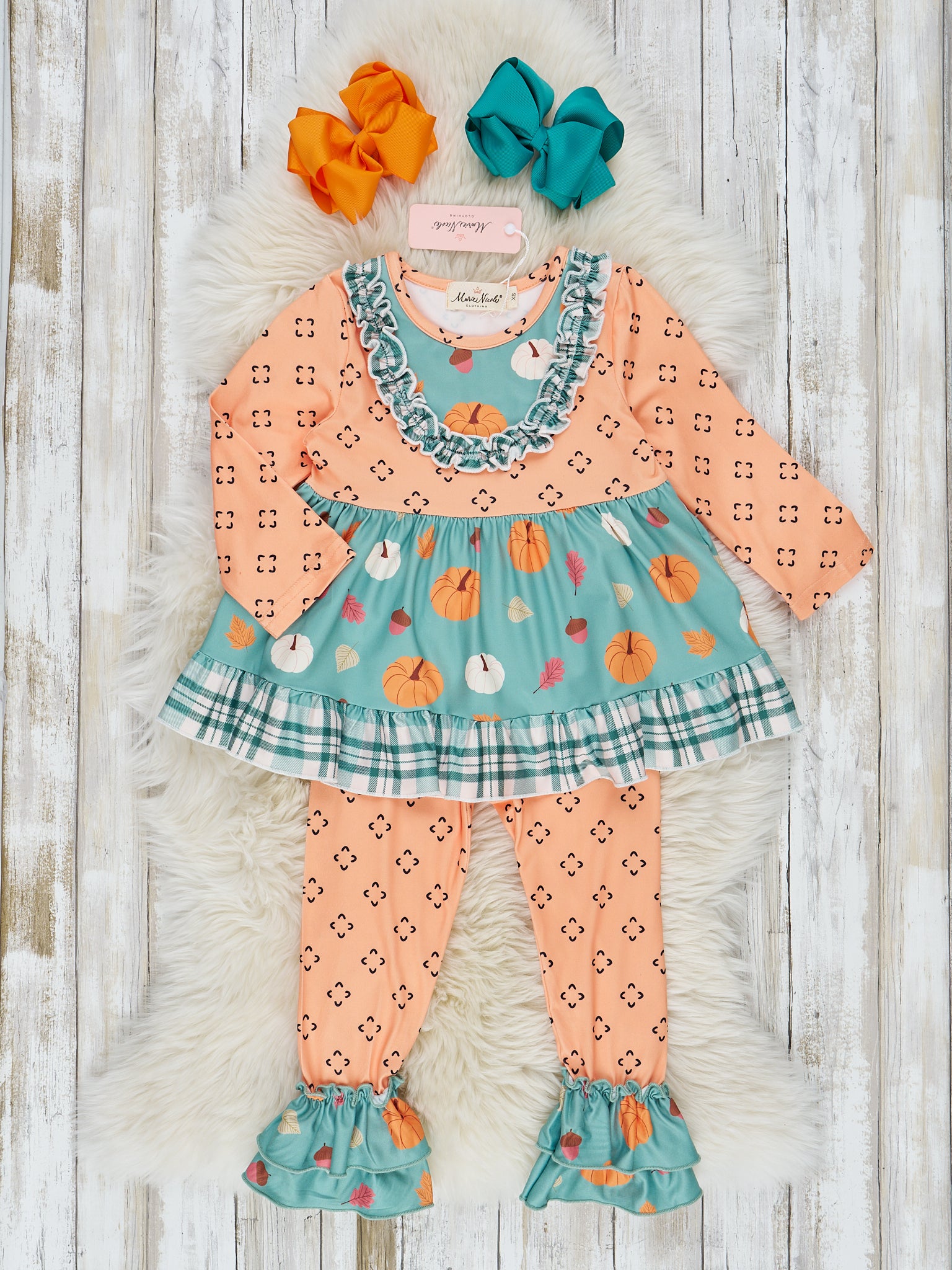 Orange & Teal Pumpkin Pattern Ruffle Outfit - Marie Nicole Clothing