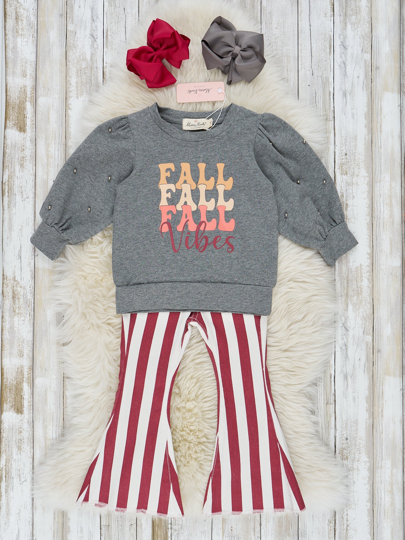 Maroon & White Fall Love Bell Bottom Outfit - Marie Nicole Clothing