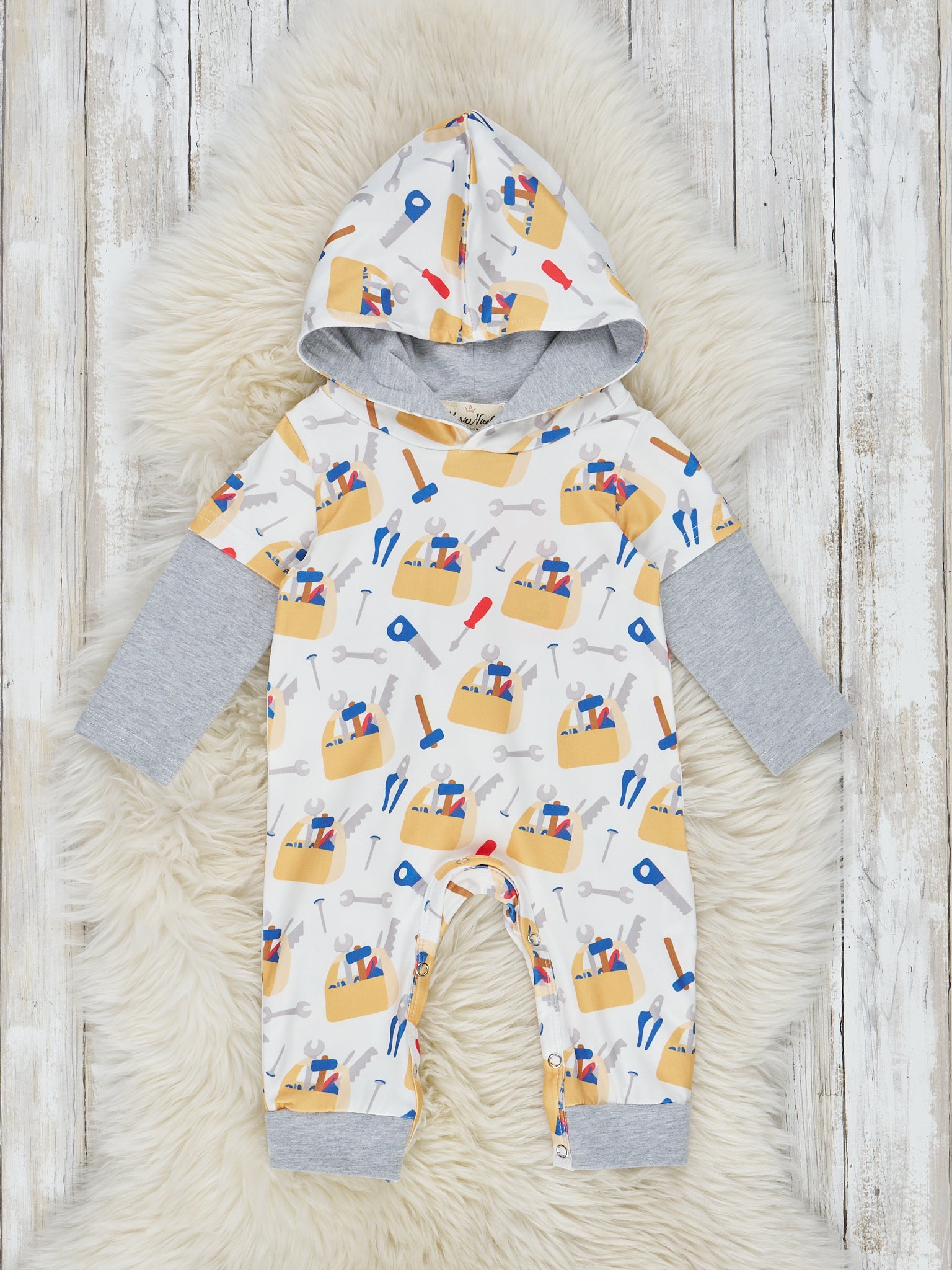 Grey & Yellow Toolbox Hooded Romper - Marie Nicole Clothing