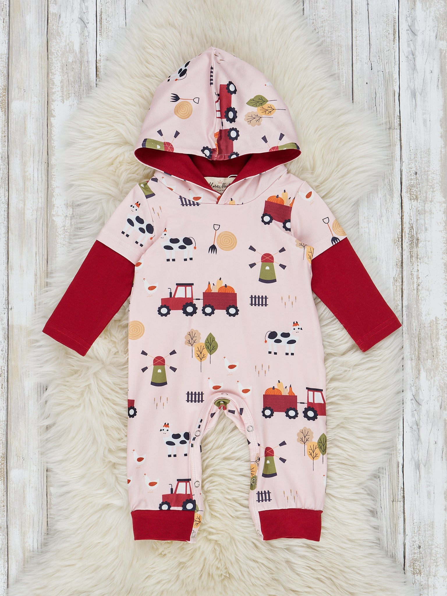 Yellow & Red Pumpkin Tractor Hooded Romper - Marie Nicole Clothing
