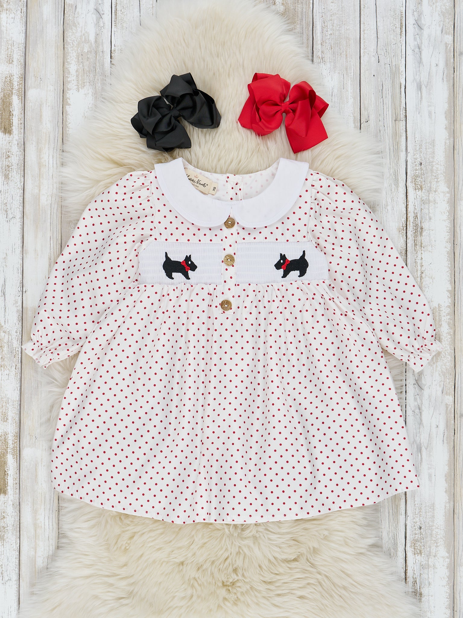 Red & White Dot Smocked Puppy Dress - Marie Nicole Clothing