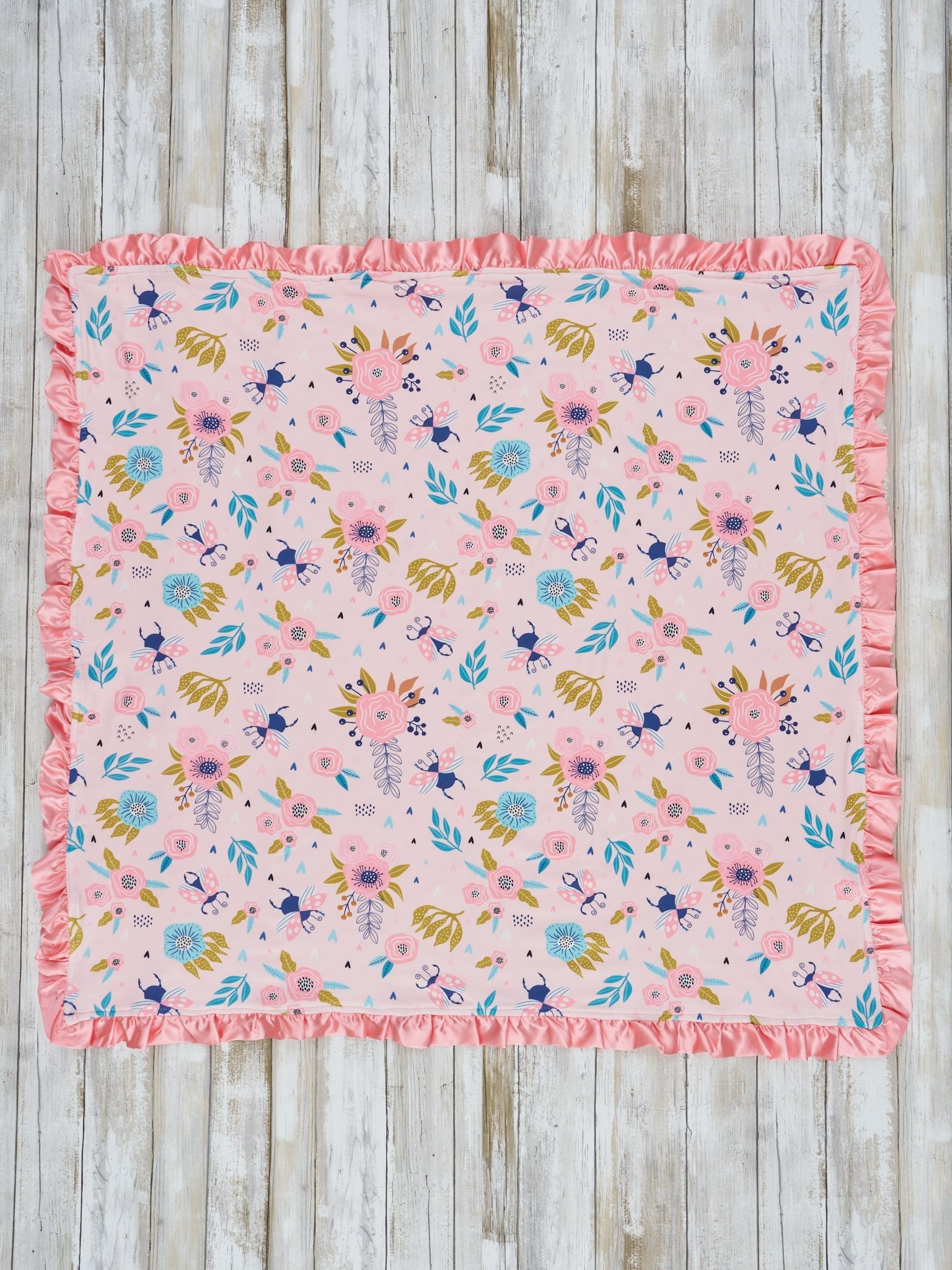 Pink Little Bug Floral Ruffle Minky Blanket - Marie Nicole Clothing