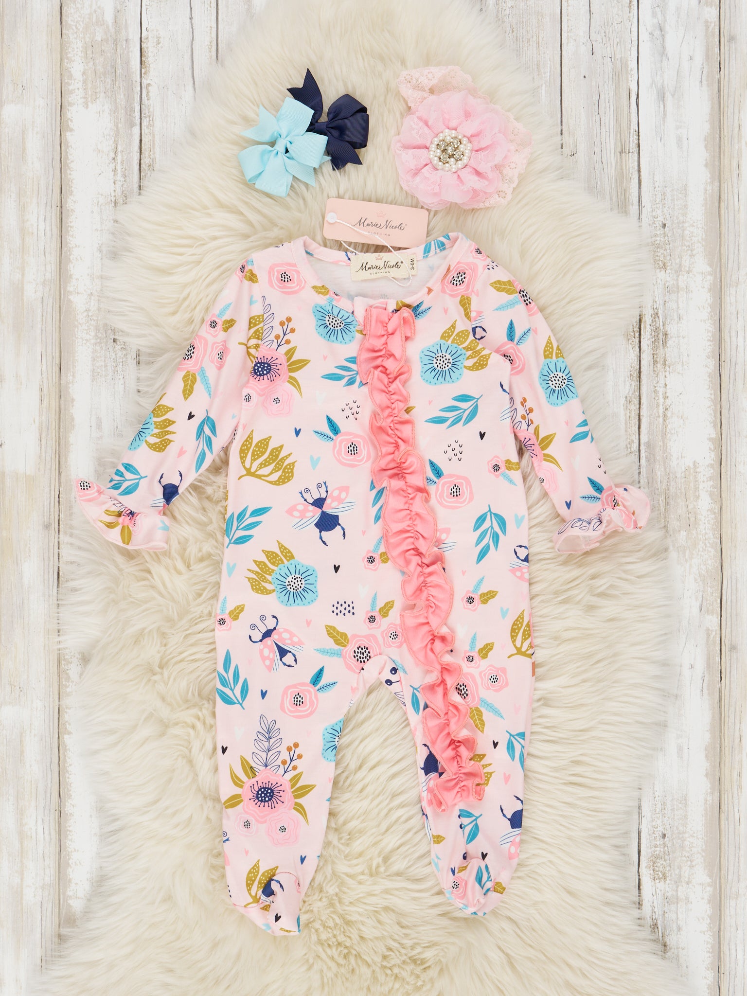 Pink Little Bug Floral Ruffle Romper - Marie Nicole Clothing