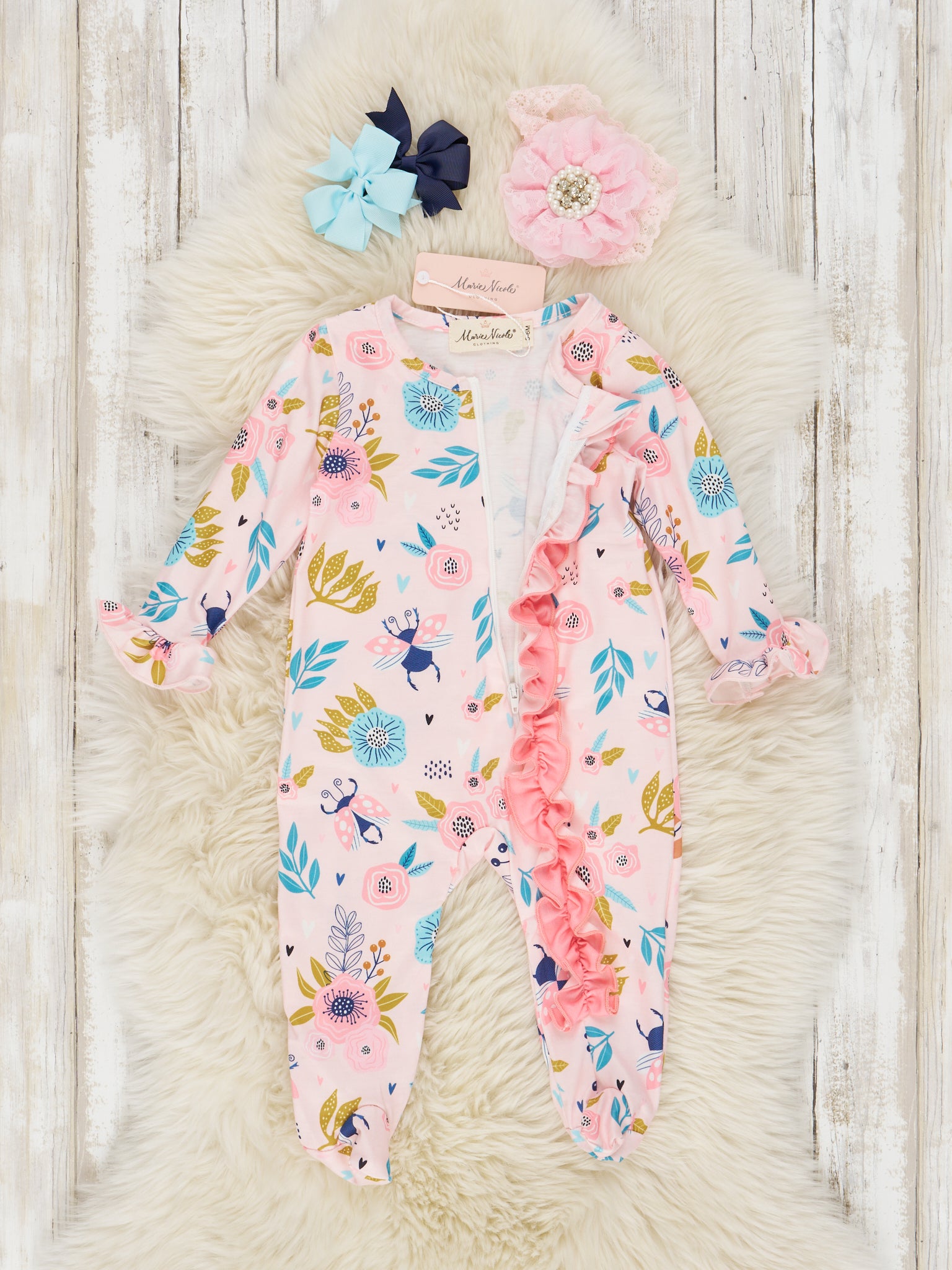 Pink Little Bug Floral Ruffle Romper - Marie Nicole Clothing