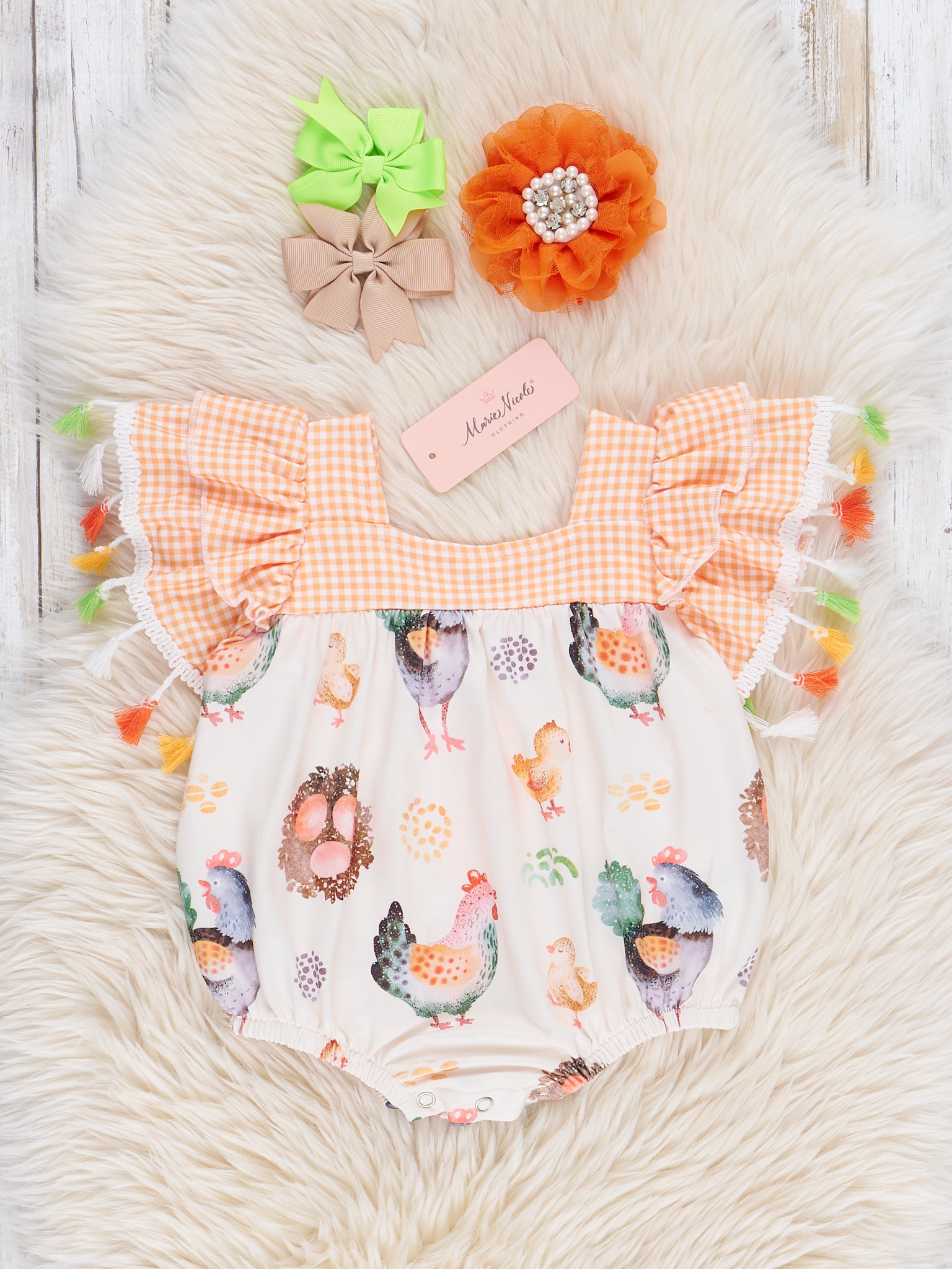 Chickens & Eggs Gingham Tassel Bubble Romper - Marie Nicole Clothing