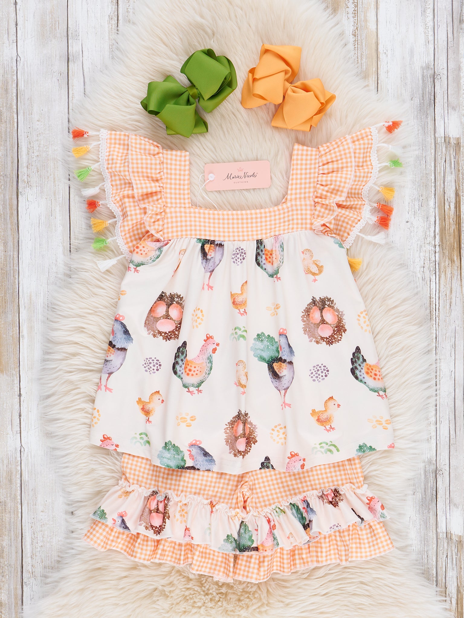 Chickens & Eggs Gingham Tassel Outfit - Marie Nicole Clothing
