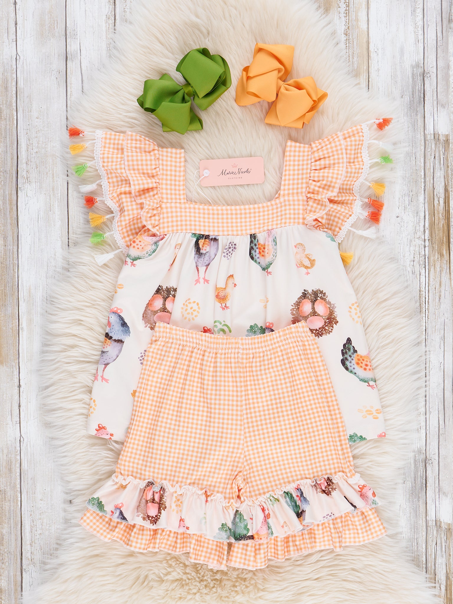 Chickens & Eggs Gingham Tassel Outfit - Marie Nicole Clothing