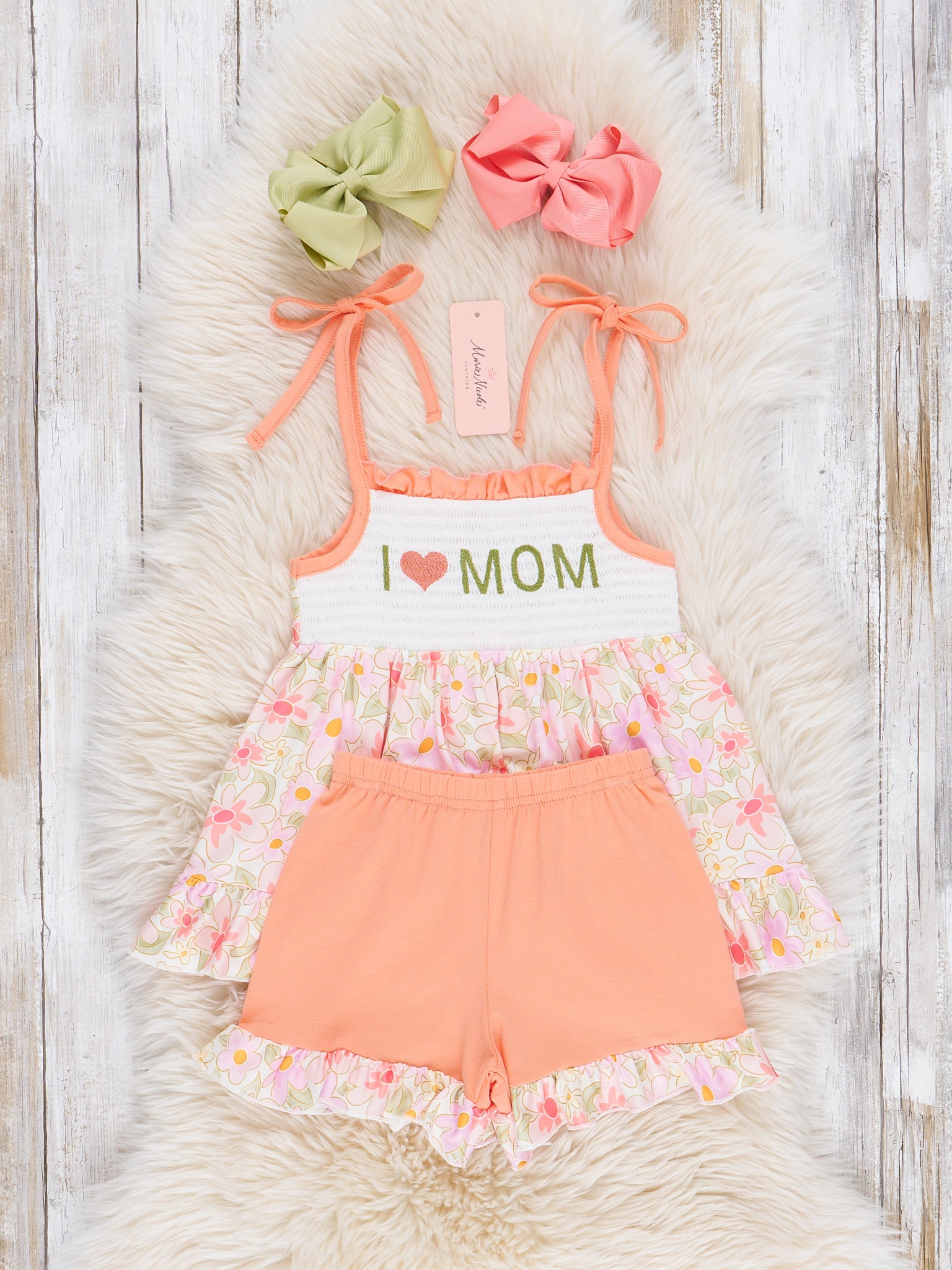 Vintage Floral Smocked Mom Love Ruffle Outfit - Marie Nicole Clothing
