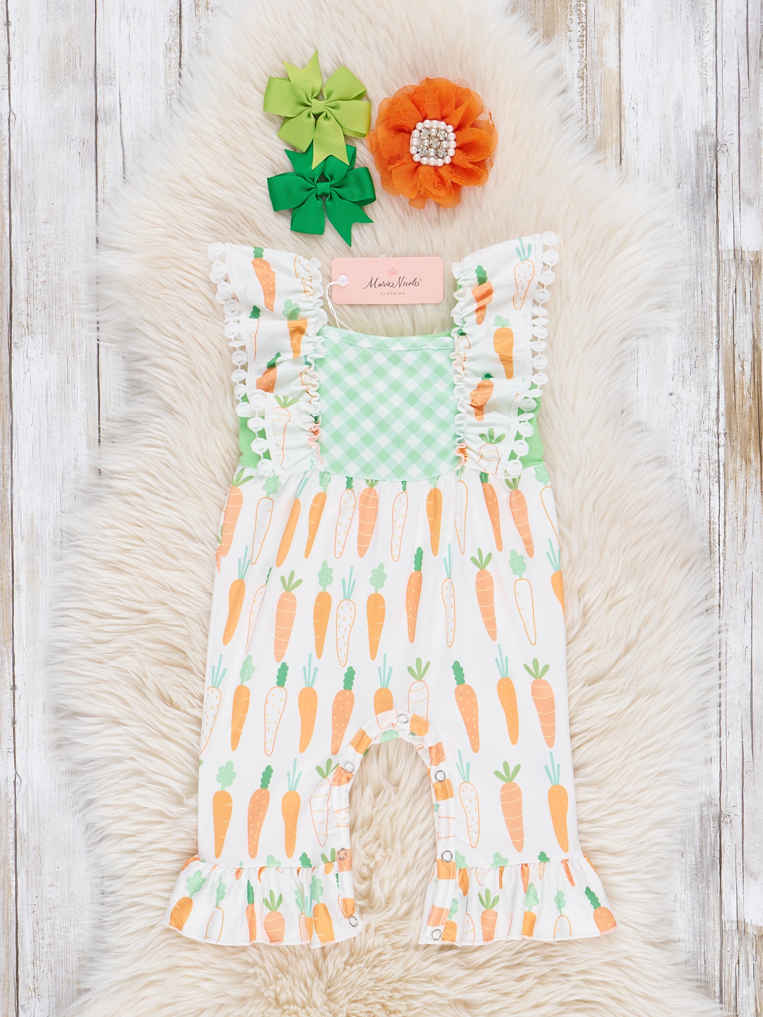Bright Carrots & Gingham Ruffle Romper - Marie Nicole Clothing