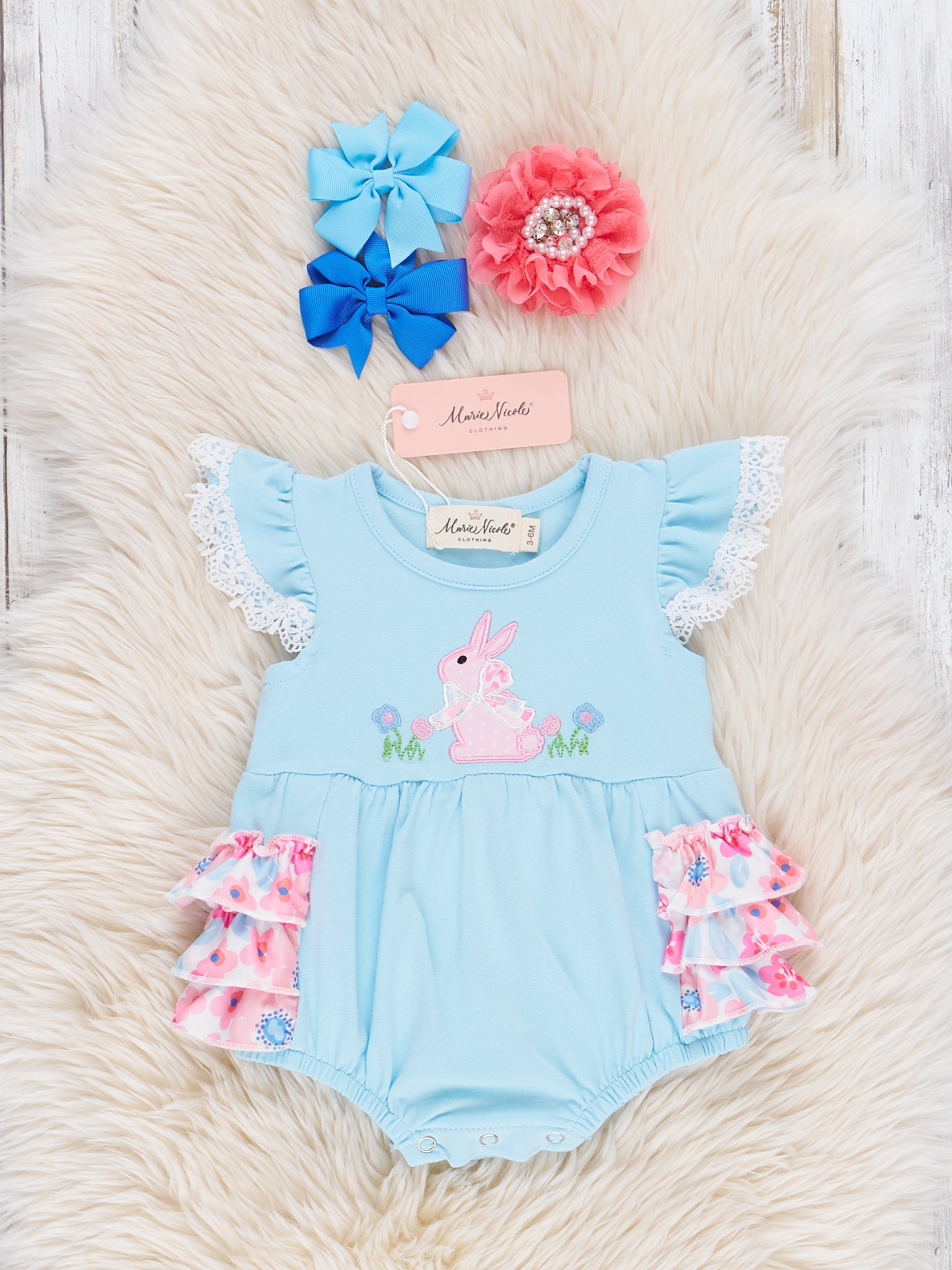 Lace Embroidered Bunny Ruffle Bubble Romper - Marie Nicole Clothing