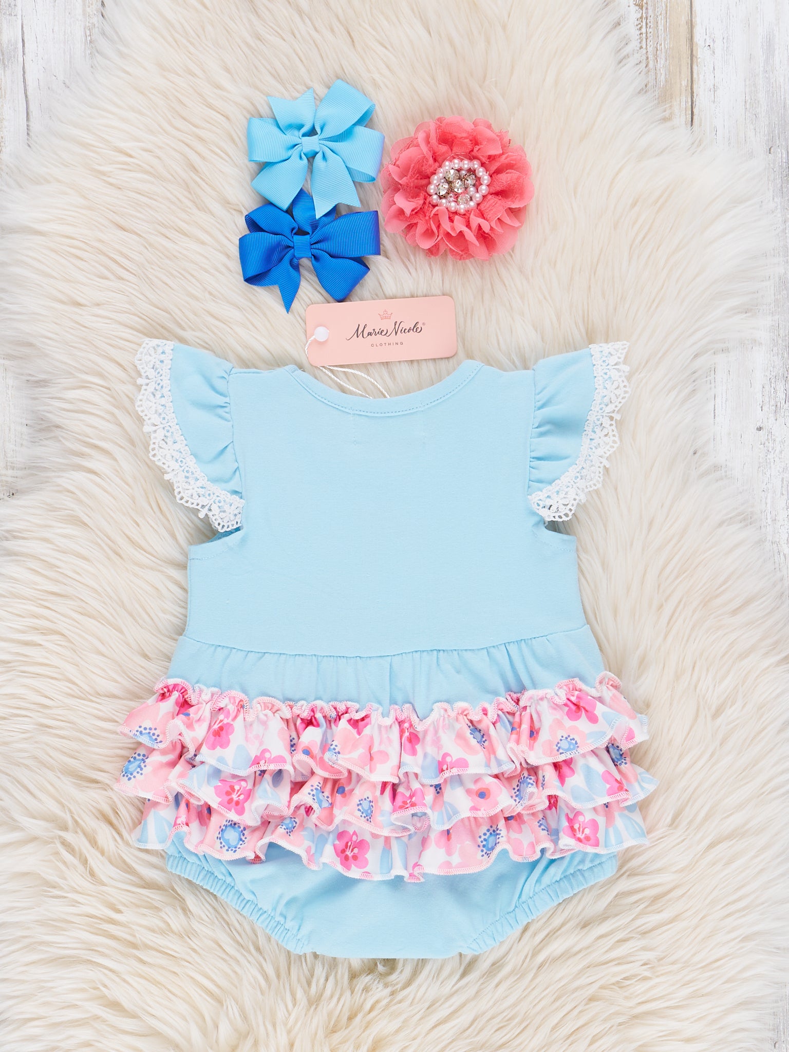 Lace Embroidered Bunny Ruffle Bubble Romper - Marie Nicole Clothing