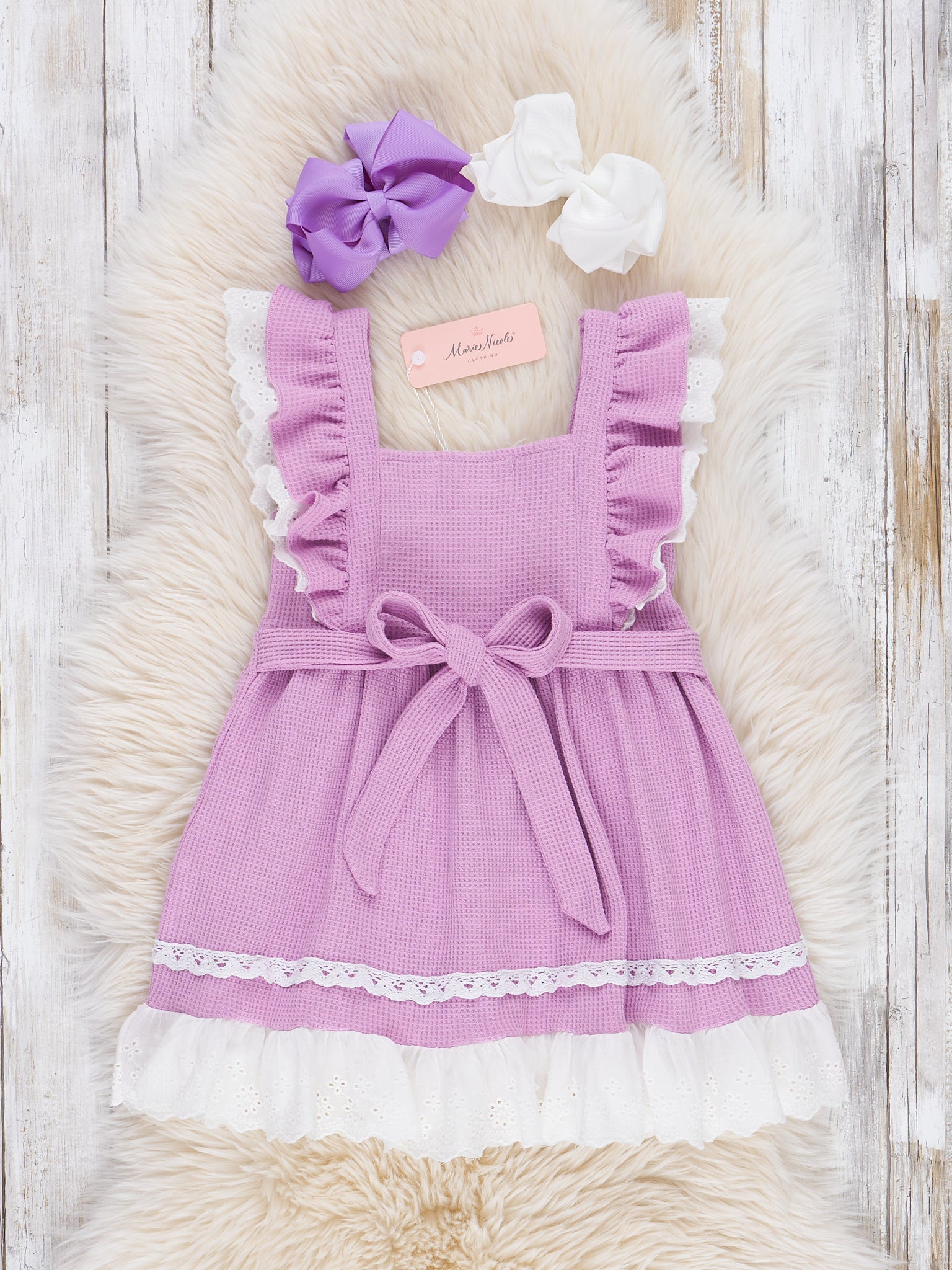 Waffle Knit & Lace Bunny Ruffle Dress - Marie Nicole Clothing
