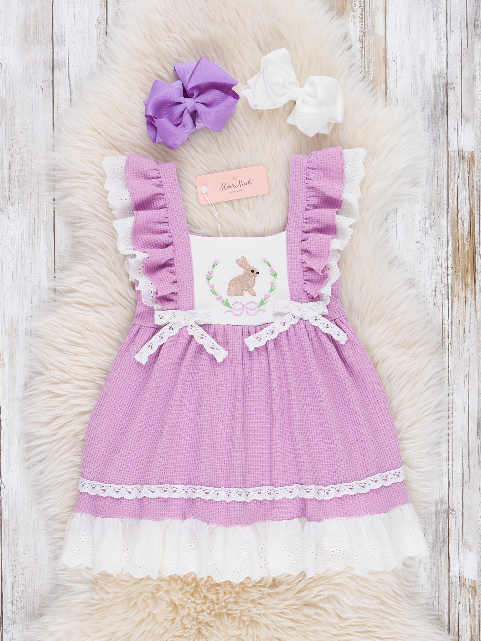 Waffle Knit & Lace Bunny Ruffle Dress - Marie Nicole Clothing
