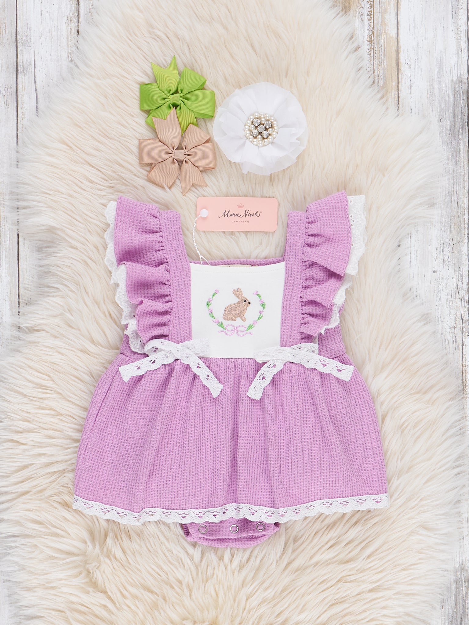 Waffle Knit & Lace Bunny Ruffle Bubble Romper - Marie Nicole Clothing