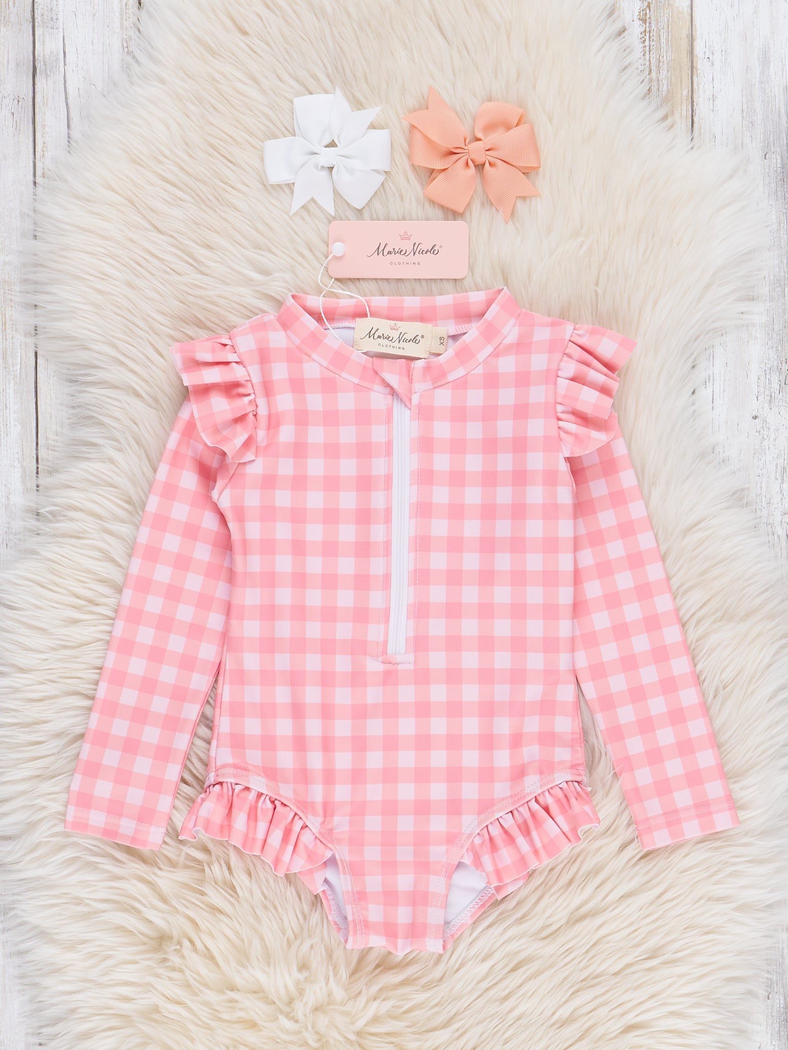 Gingham Zipper Rash Guard Swimsuit - Coral - Marie Nicole Clothing