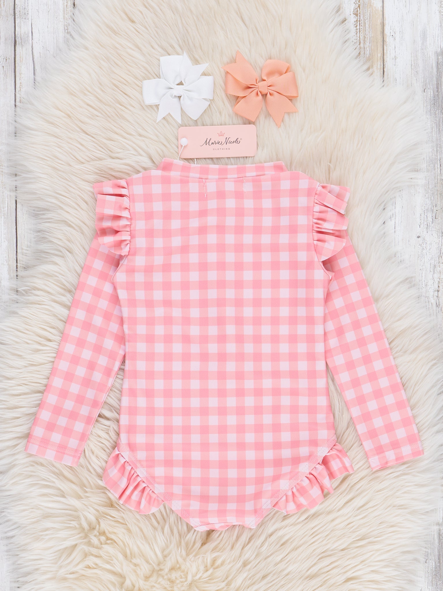 Gingham Zipper Rash Guard Swimsuit - Coral - Marie Nicole Clothing