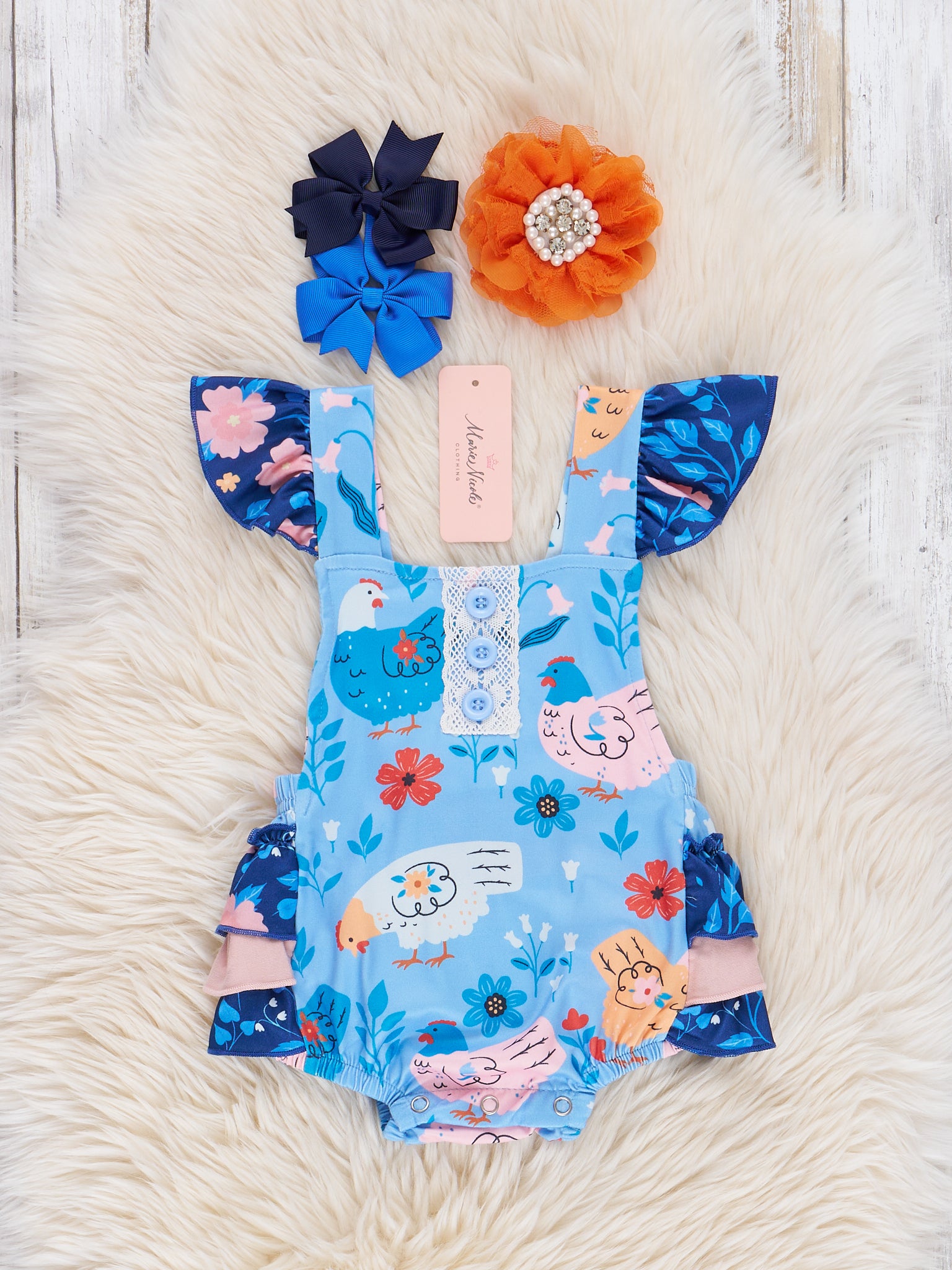 Americana Chickens Floral Ruffle Bubble Romper - Marie Nicole Clothing