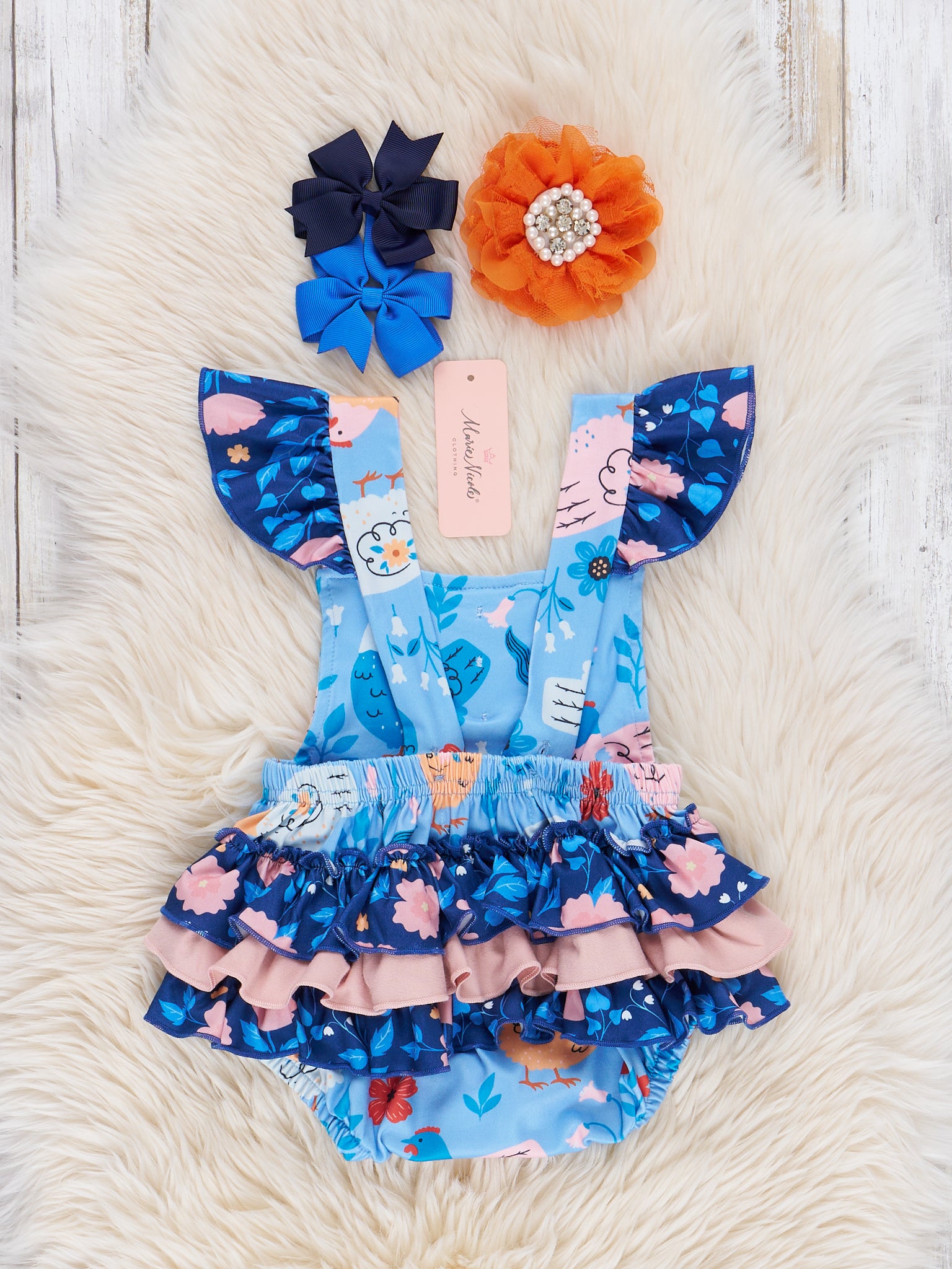 Americana Chickens Floral Ruffle Bubble Romper - Marie Nicole Clothing