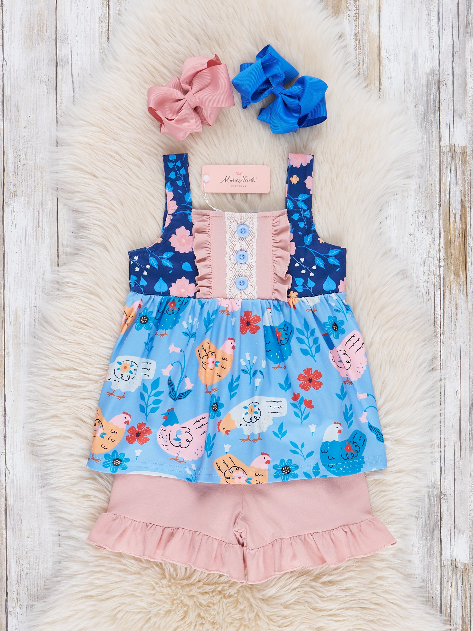 Americana Chickens Floral Ruffle Outfit - Marie Nicole Clothing