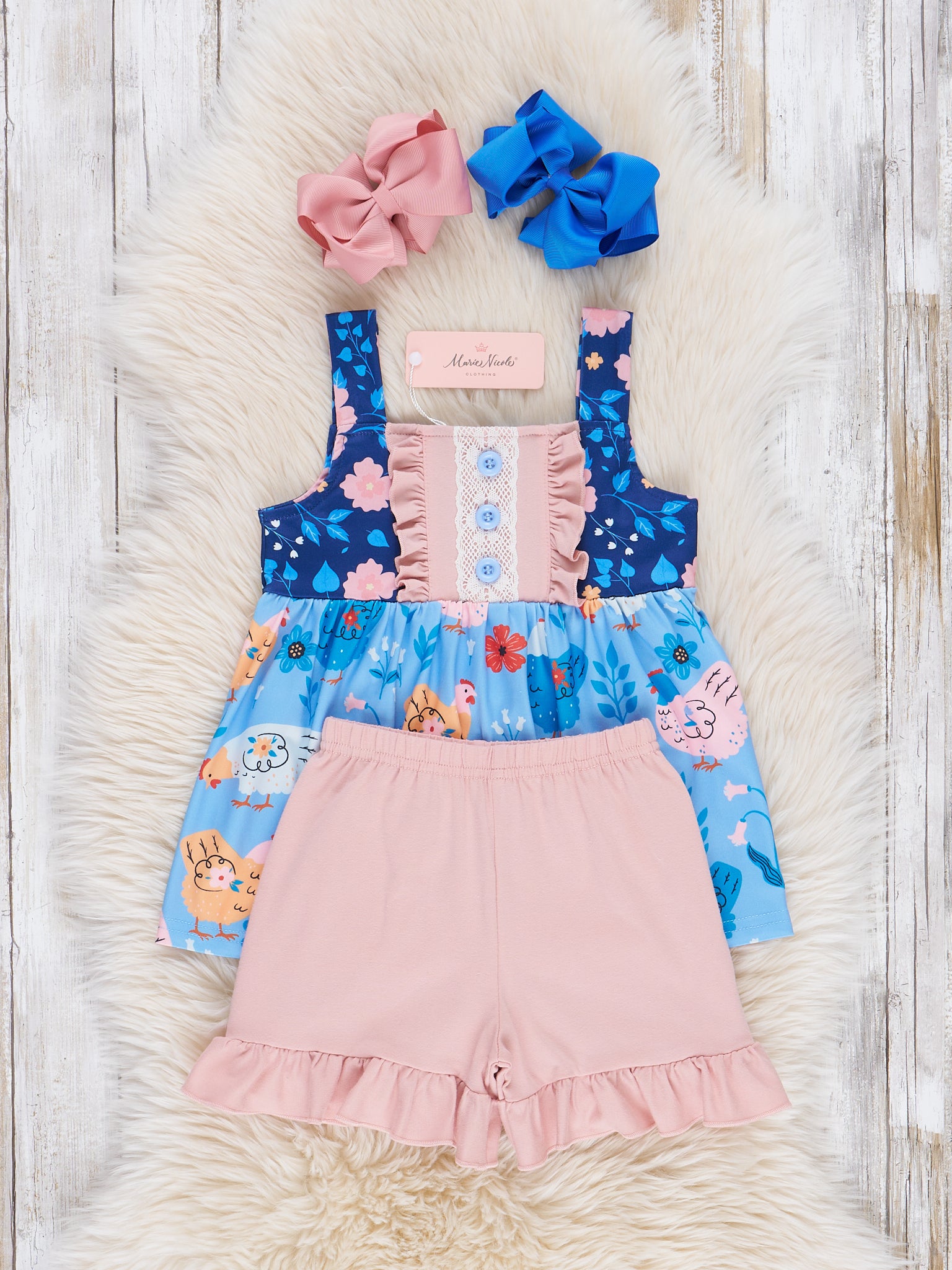 Americana Chickens Floral Ruffle Outfit - Marie Nicole Clothing