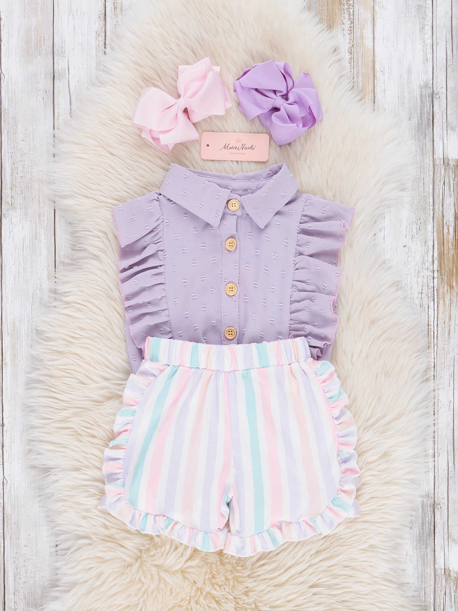 Striped Sleeveless Button Up Ruffle Outfit - Lilac - Marie Nicole Clothing