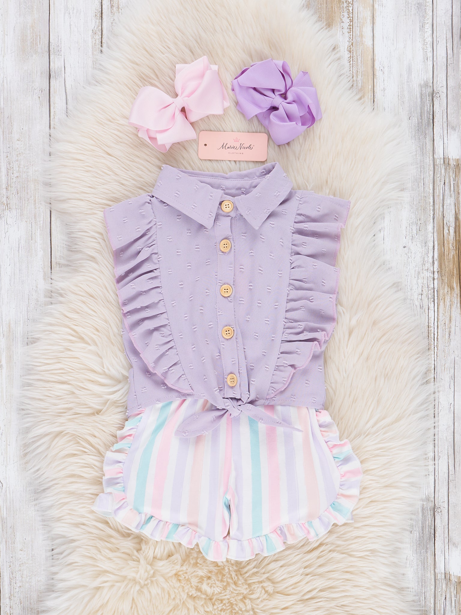 Striped Sleeveless Button Up Ruffle Outfit - Lilac - Marie Nicole Clothing
