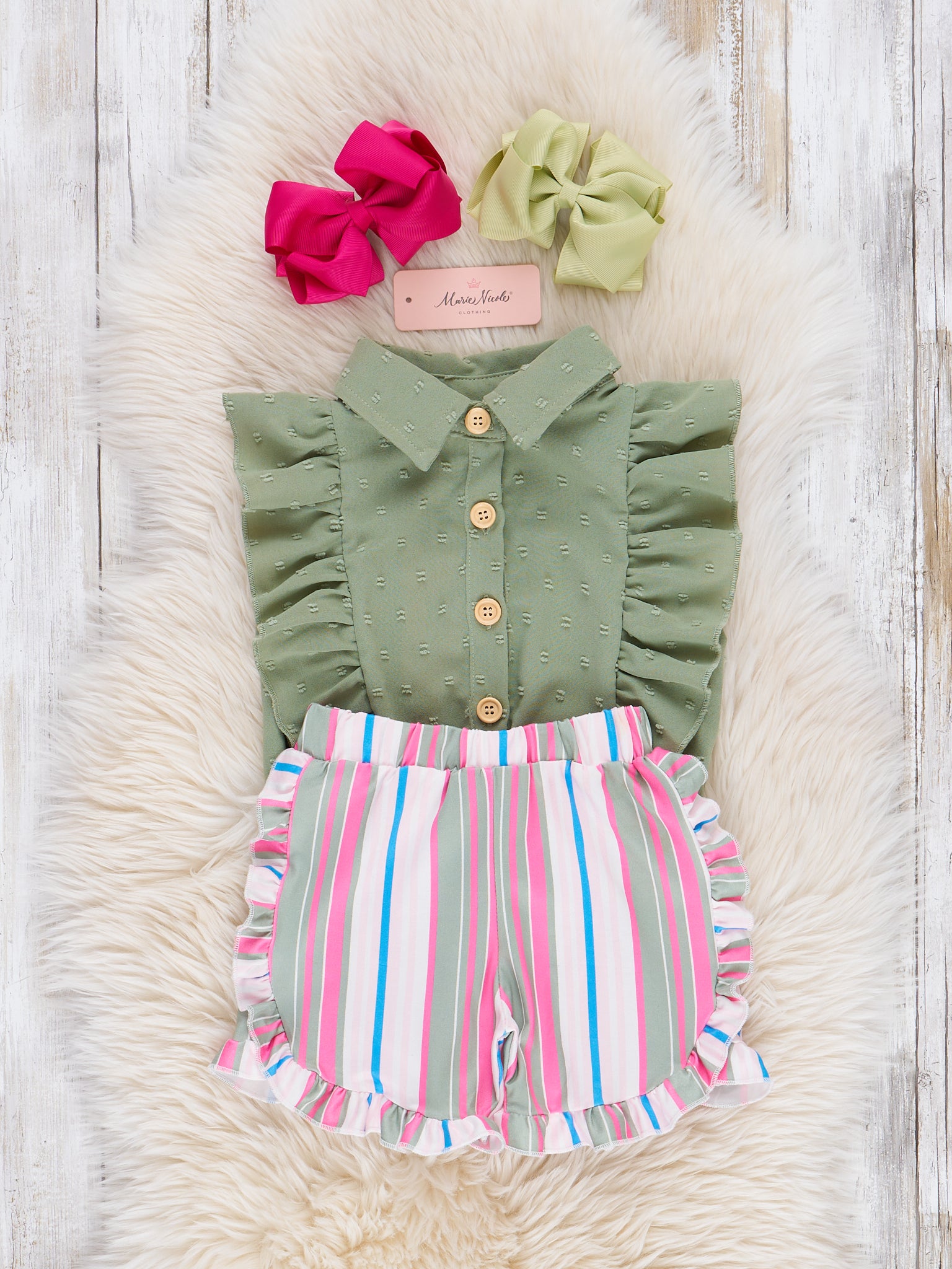 Striped Sleeveless Button Up Ruffle Outfit - Olive - Marie Nicole Clothing