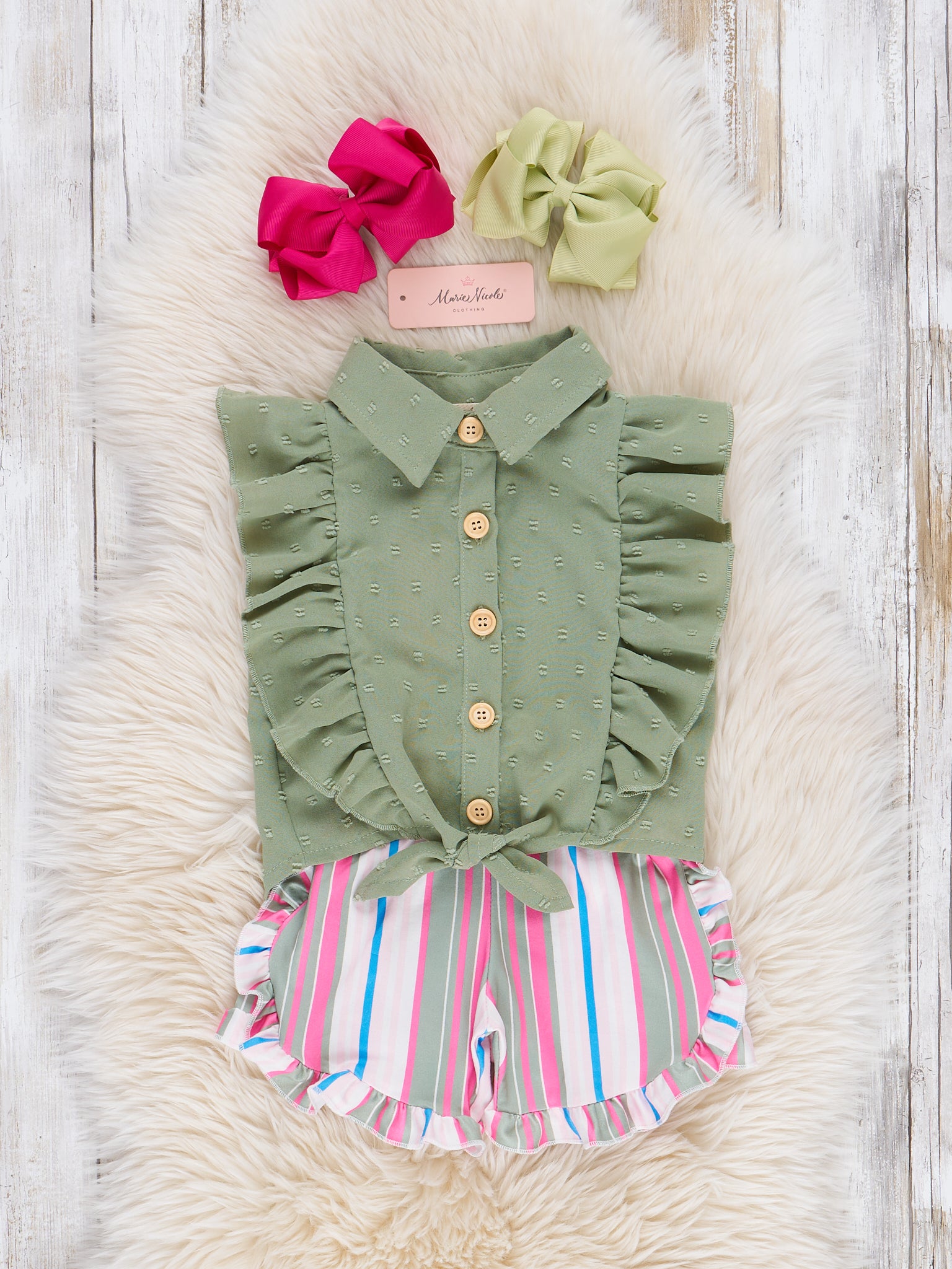 Striped Sleeveless Button Up Ruffle Outfit - Olive - Marie Nicole Clothing