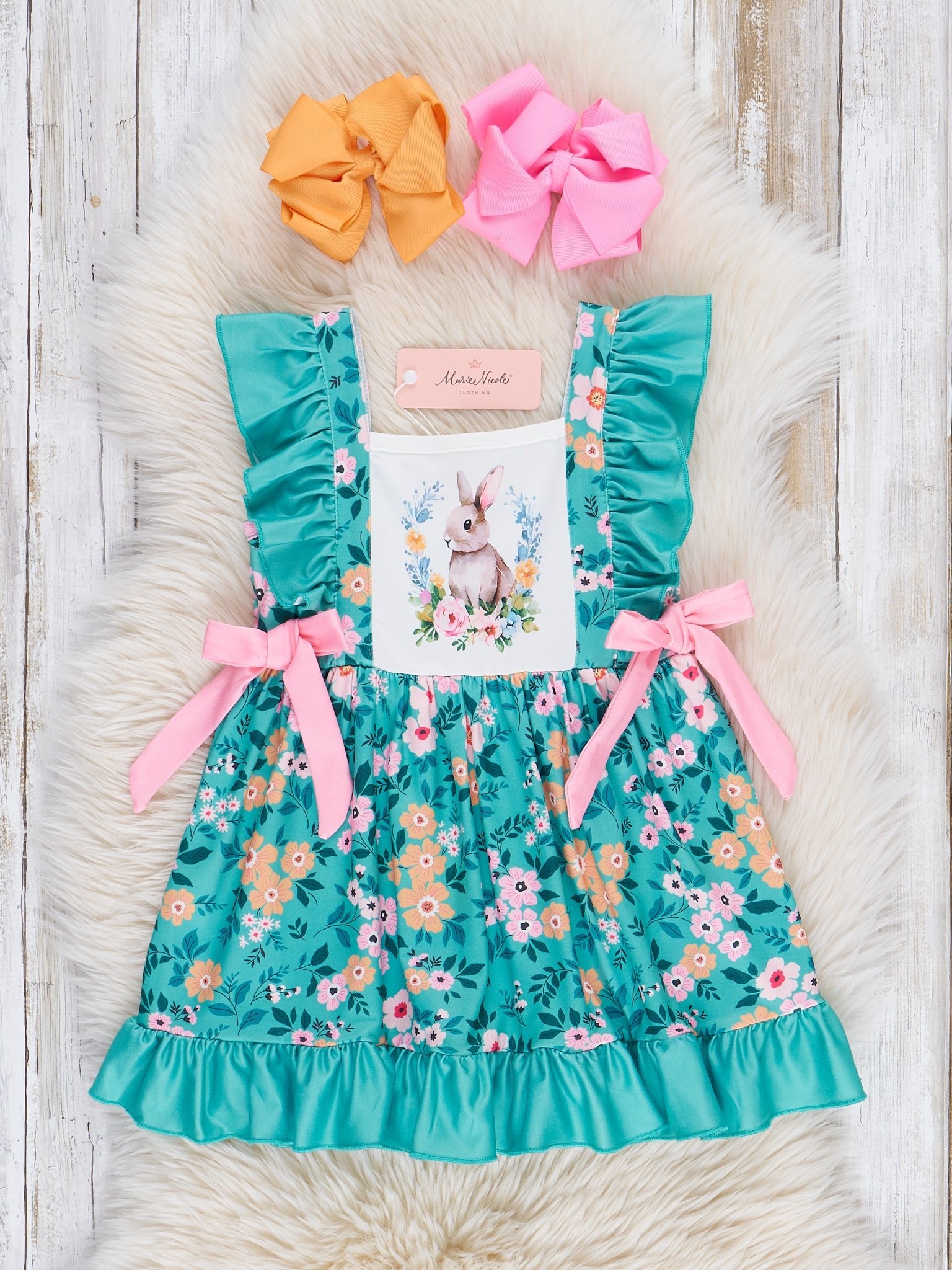 Pine Green Floral Bunnies Dress - Marie Nicole Clothing