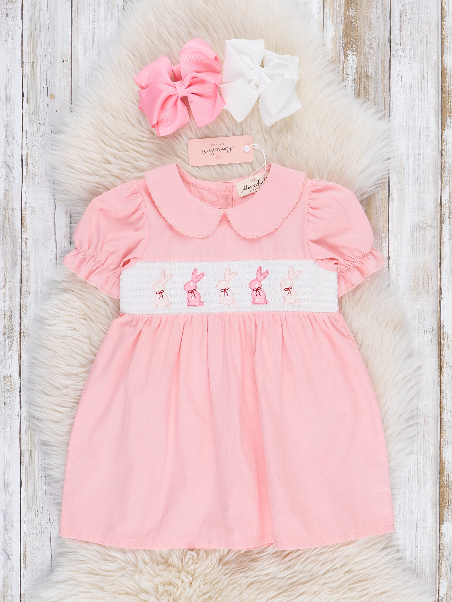 Soft Pink Smocked Bunny Dress - Marie Nicole Clothing