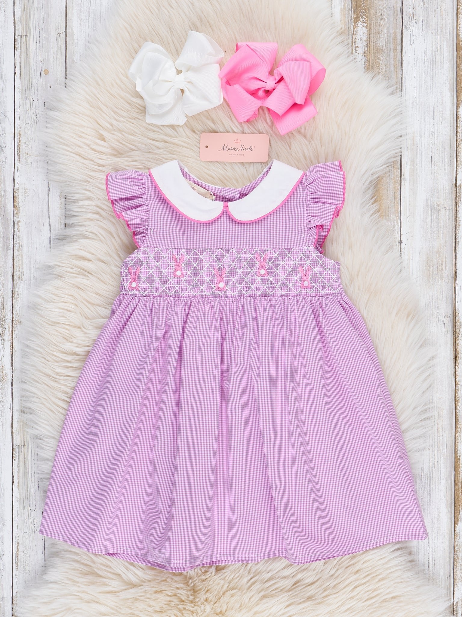 Purple Smocked Bunnies Ruffle Dress - Marie Nicole Clothing
