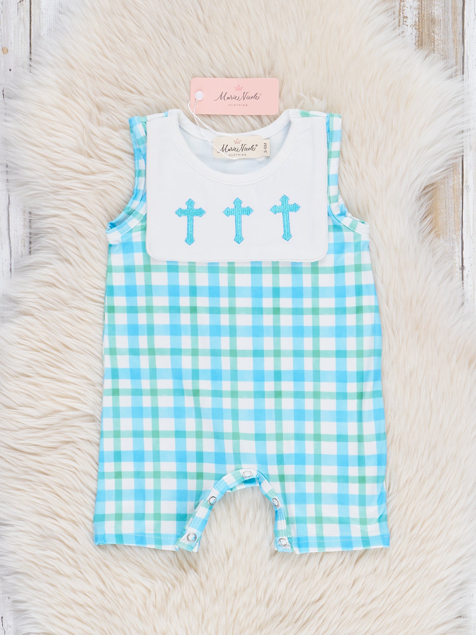 Blue Plaid Embroidered Crosses Romper - Marie Nicole Clothing