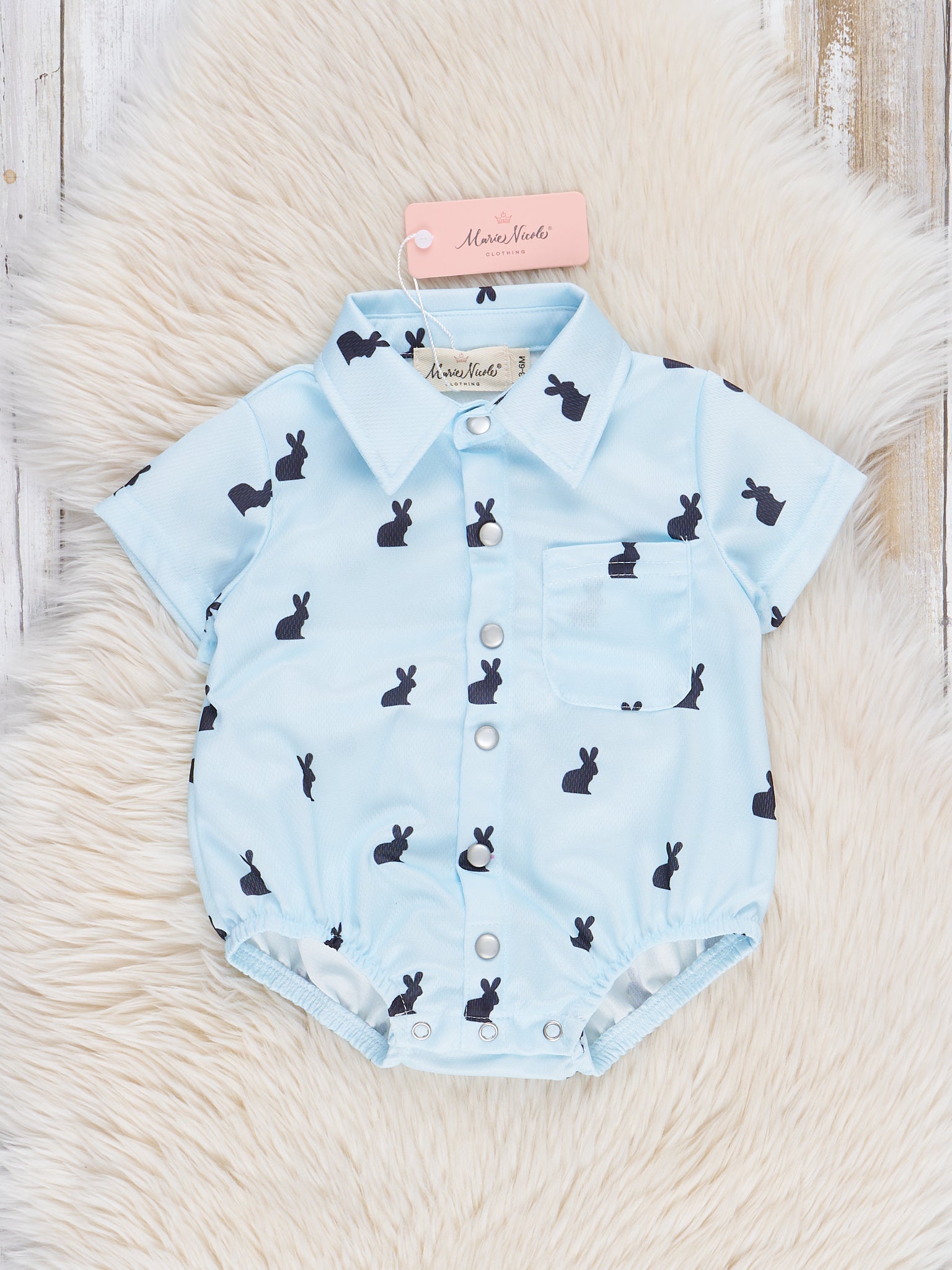 Light Blue Bunny Button Up Bubble Romper - Marie Nicole Clothing