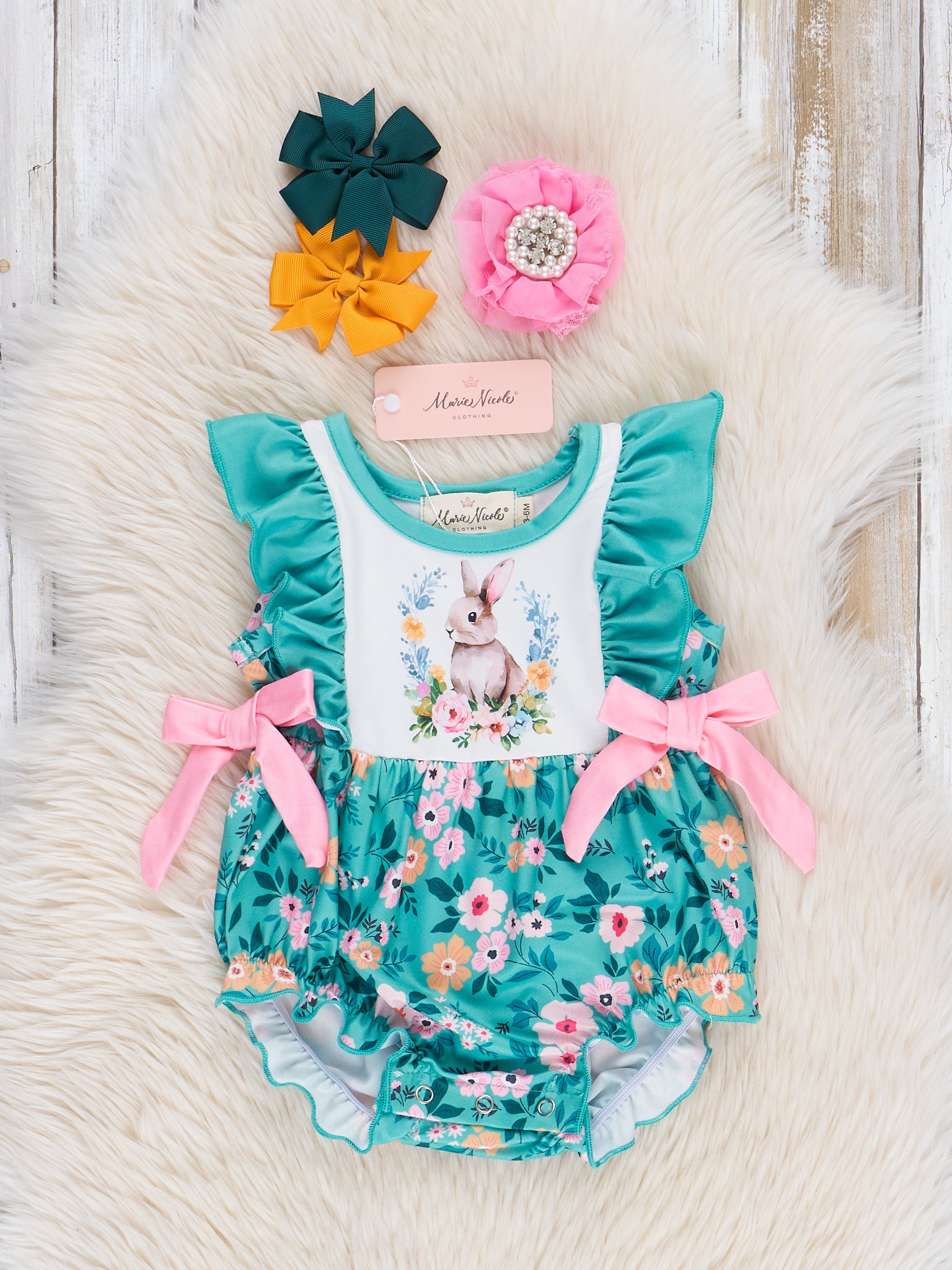 Pine Green Floral Bunnies Bubble Romper - Marie Nicole Clothing