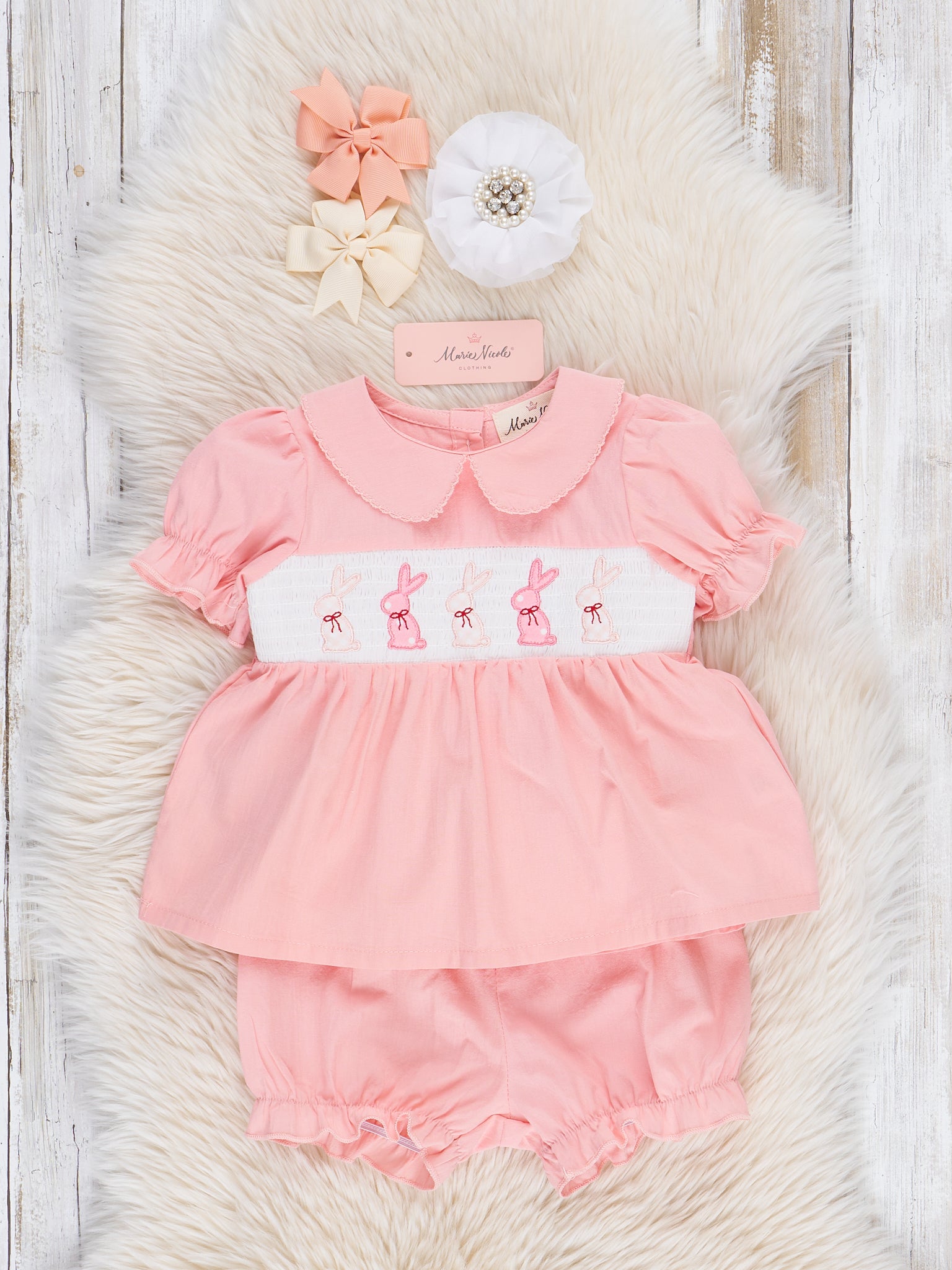 Soft Pink Smocked Bunny Bloomers Outfit - Marie Nicole Clothing
