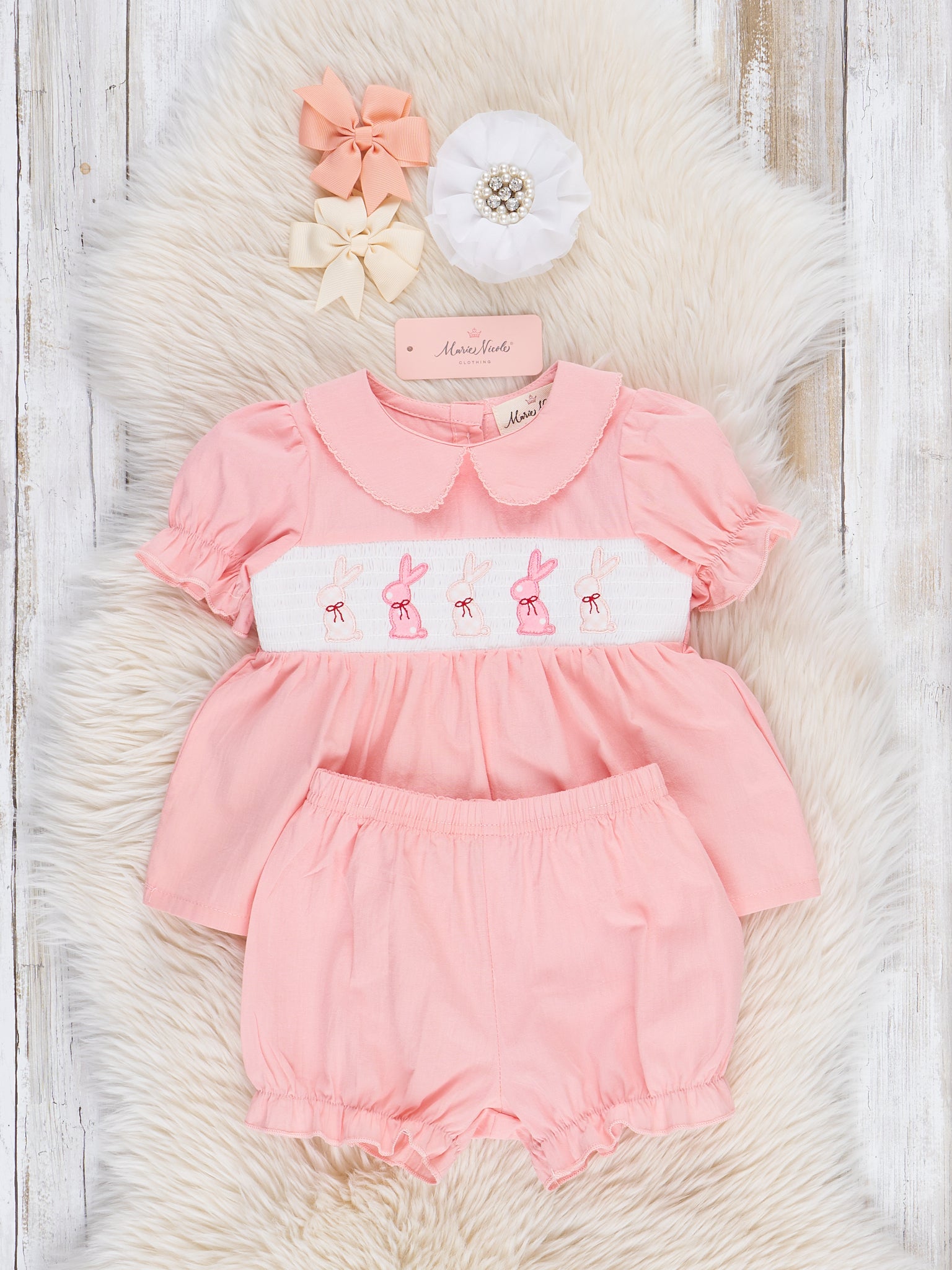 Soft Pink Smocked Bunny Bloomers Outfit - Marie Nicole Clothing
