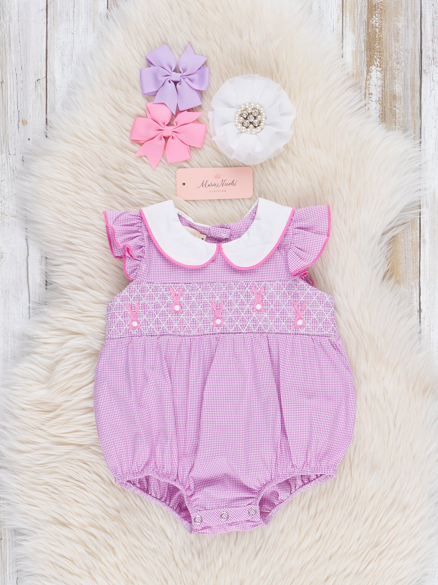 Purple Smocked Bunnies Ruffle Bubble Romper - Marie Nicole Clothing