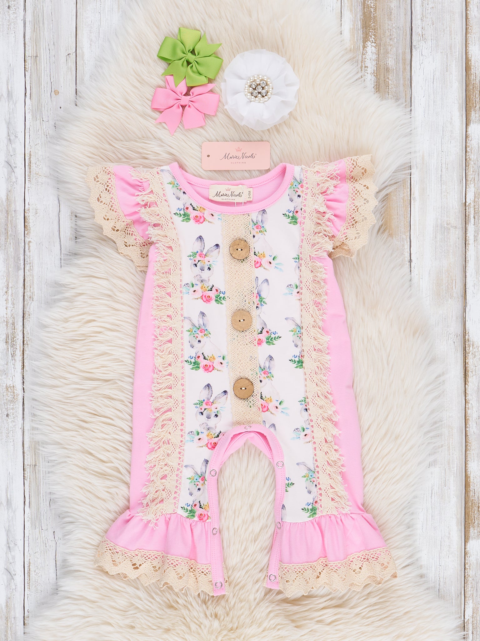 Pink & Beige Bunny Ruffle Romper - Marie Nicole Clothing