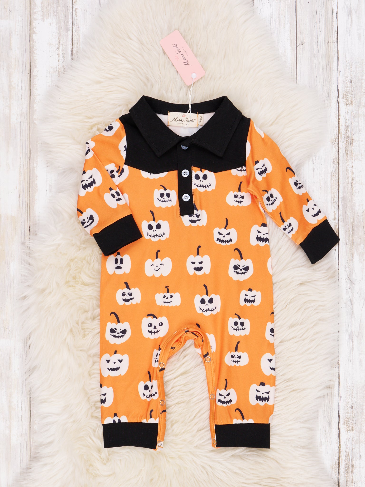 Orange and Black Jack - O - Lantern Polo Romper - Marie Nicole Clothing
