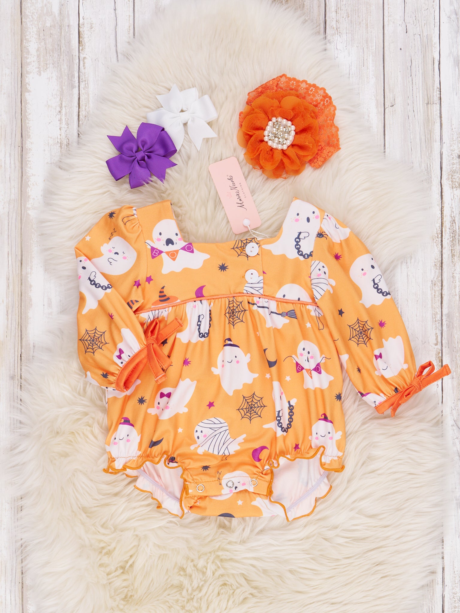 Orange Ghost Party Bow Romper - Marie Nicole Clothing