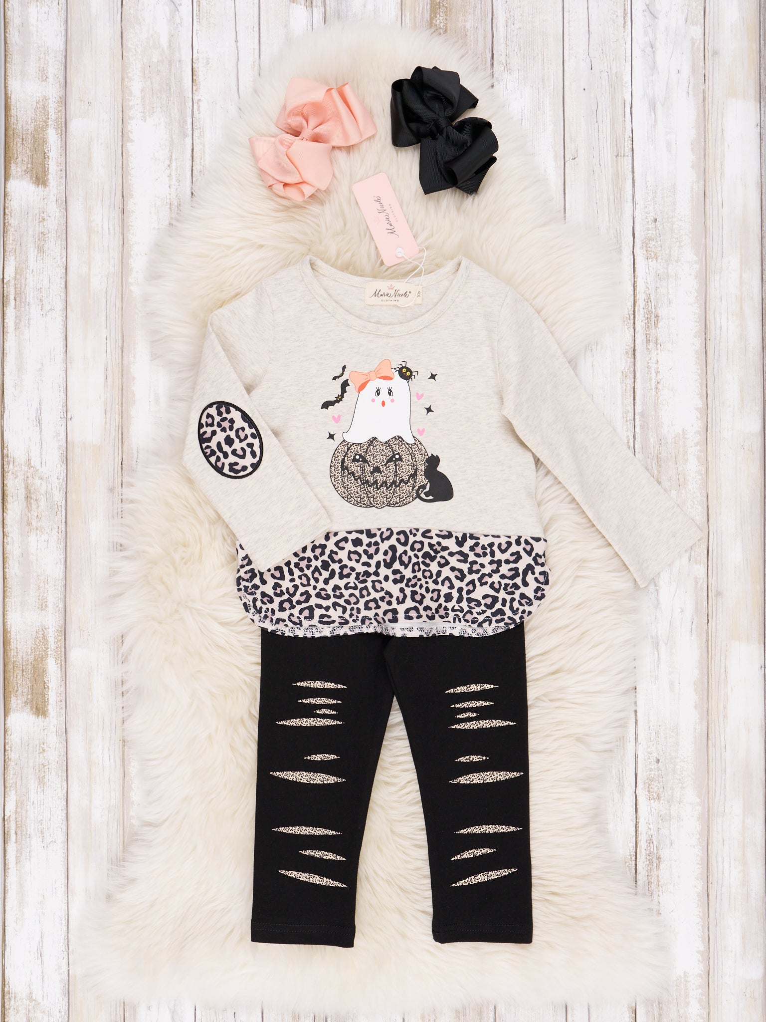 Leopard and Grey Ghost Pumpkin Outfit - Marie Nicole Clothing