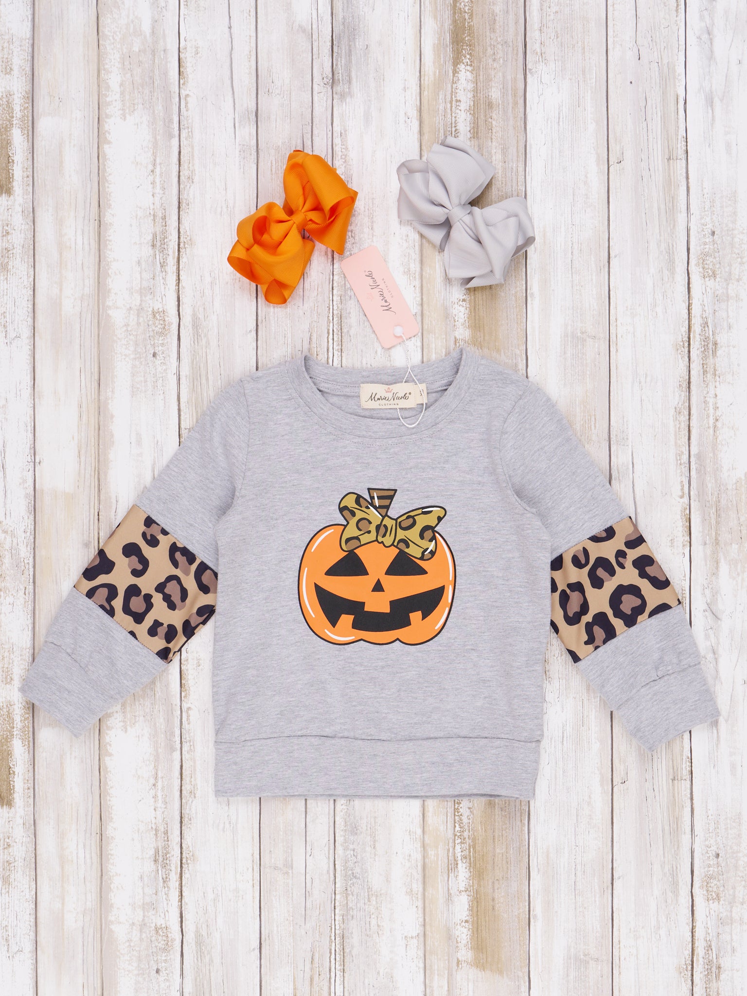 Mom & Me Grey Leopard Pumpkin Crewneck - Marie Nicole Clothing