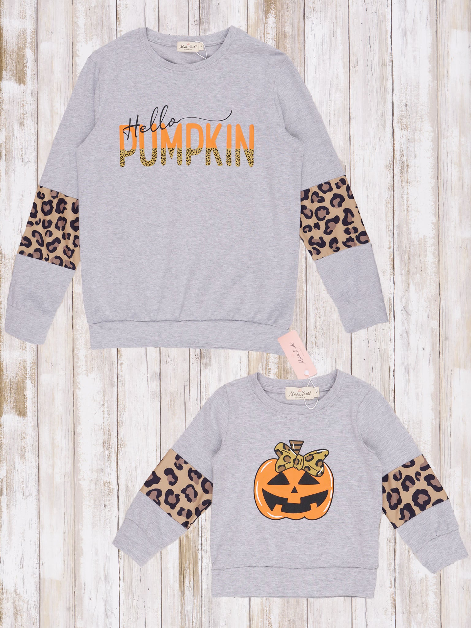 Mom & Me Grey Leopard Pumpkin Crewneck - Marie Nicole Clothing