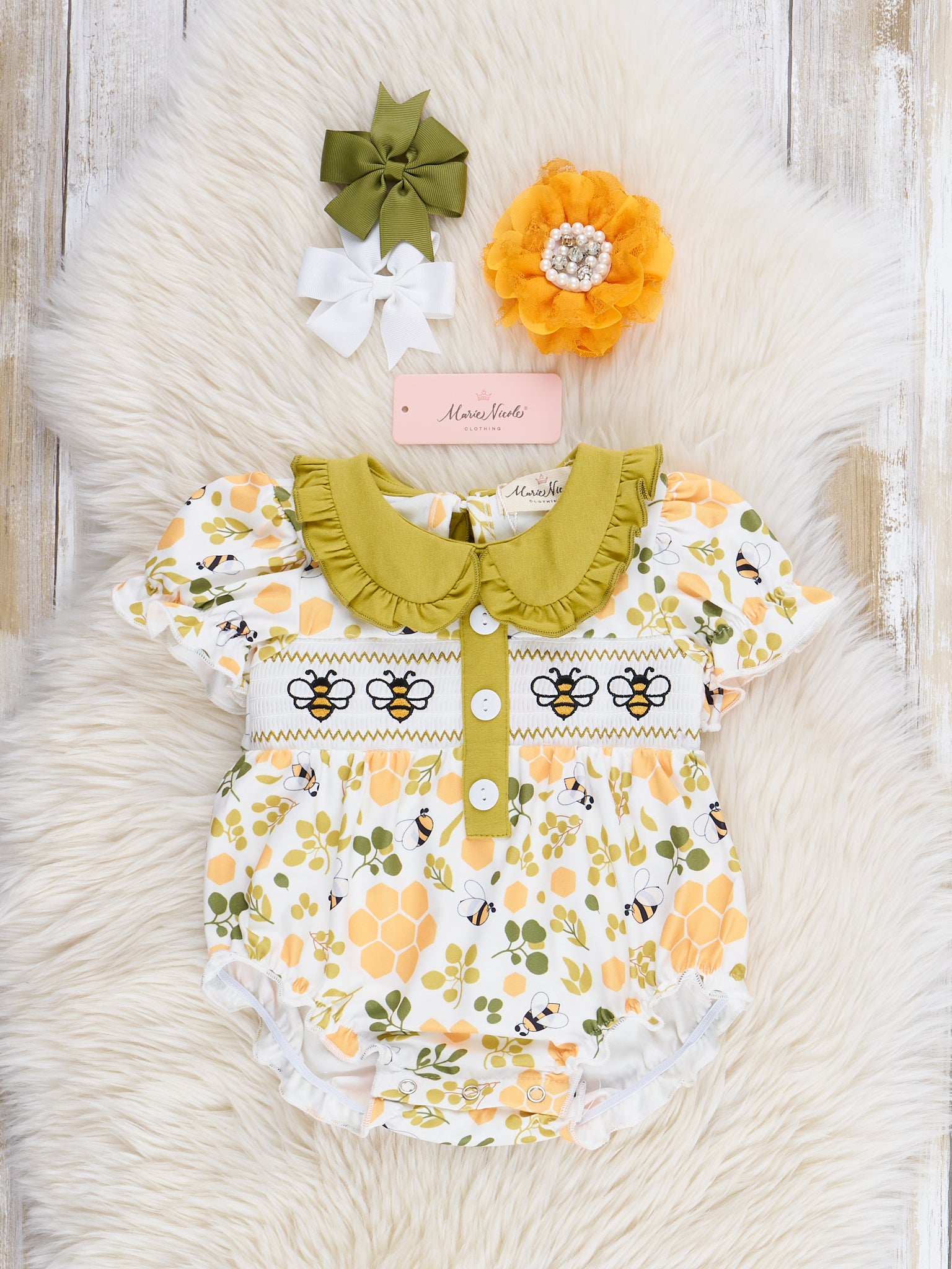 Green Smocked Honeycomb Ruffle Bubble Romper - Marie Nicole Clothing